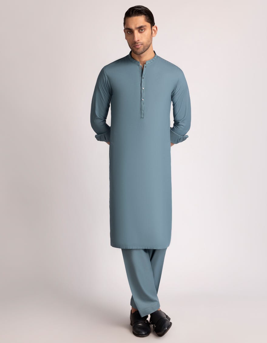 J. Mens Dull Blue Blended Casual Kurta Trouser