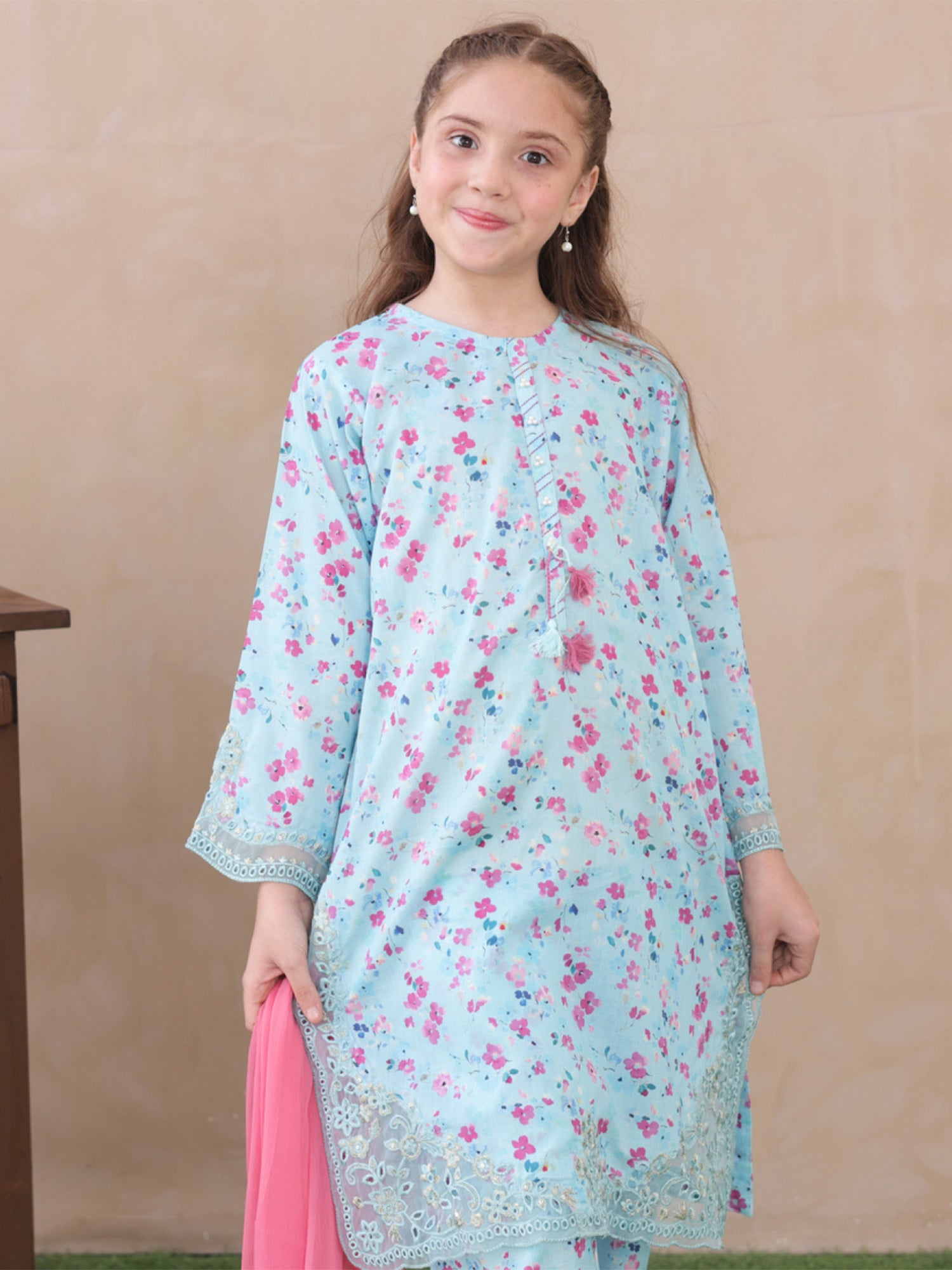 Kids Blue Embroidered Lawn 3-Piece Co-ords Set