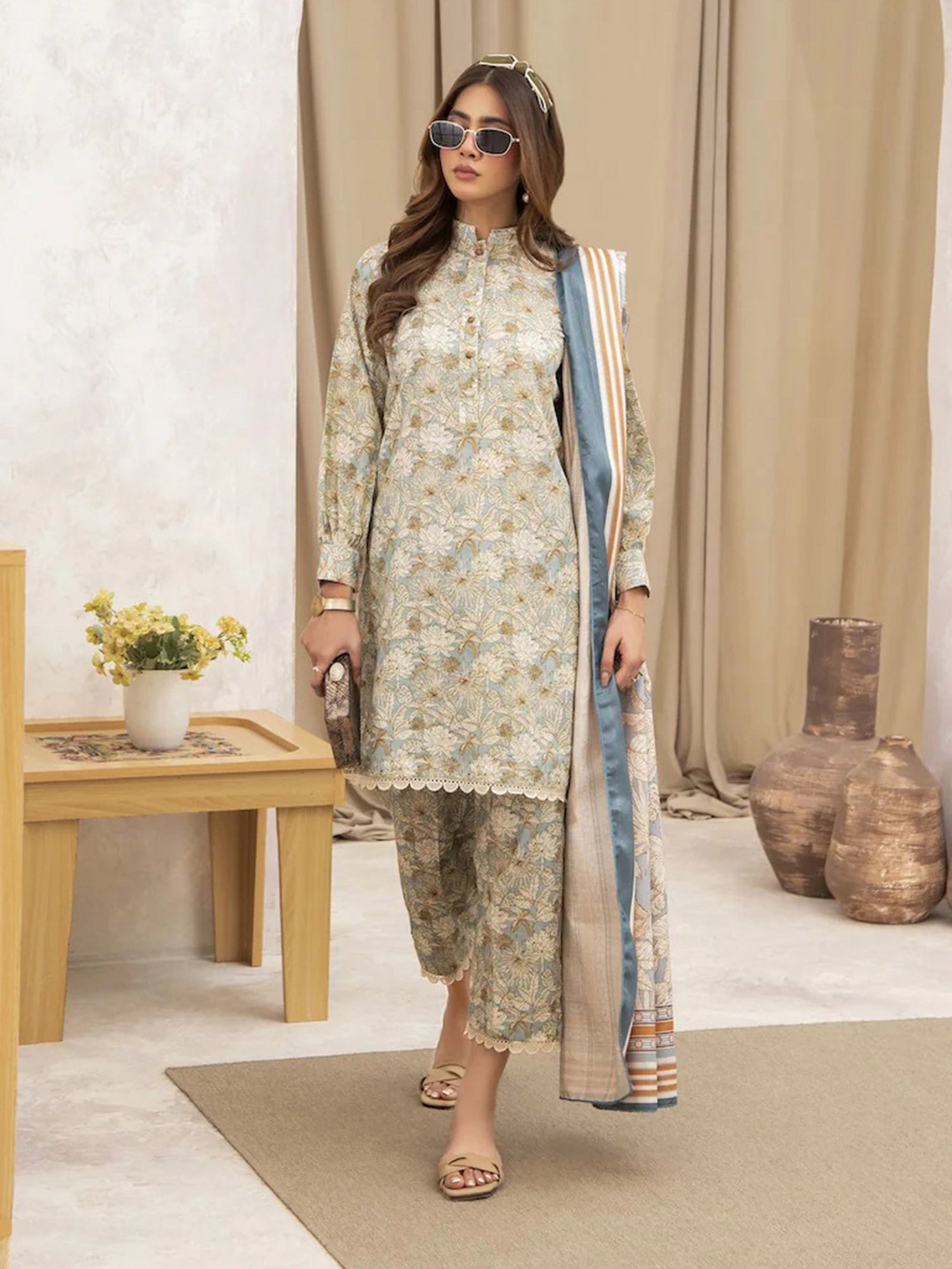 Ally's "Forbidden Flowers" Khaddar 3-Piece Suit - Olive & Blue