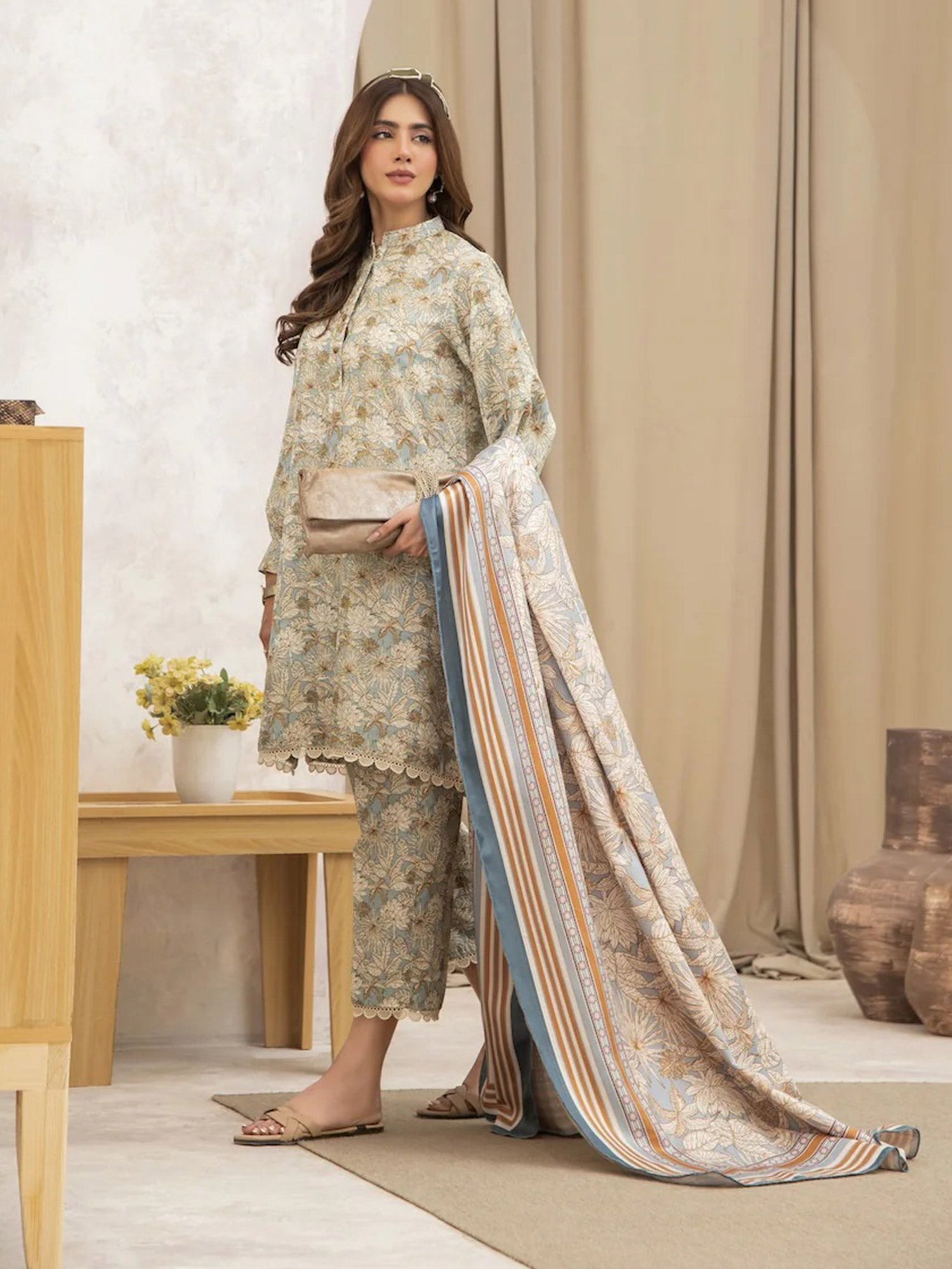 Ally's "Forbidden Flowers" Khaddar 3-Piece Suit - Olive & Blue