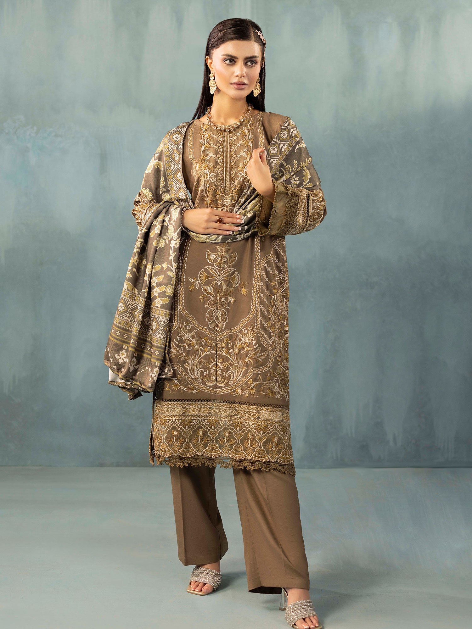 Adan's Libas Embroidered Dhanak Suit with Wool Shawl - Olive