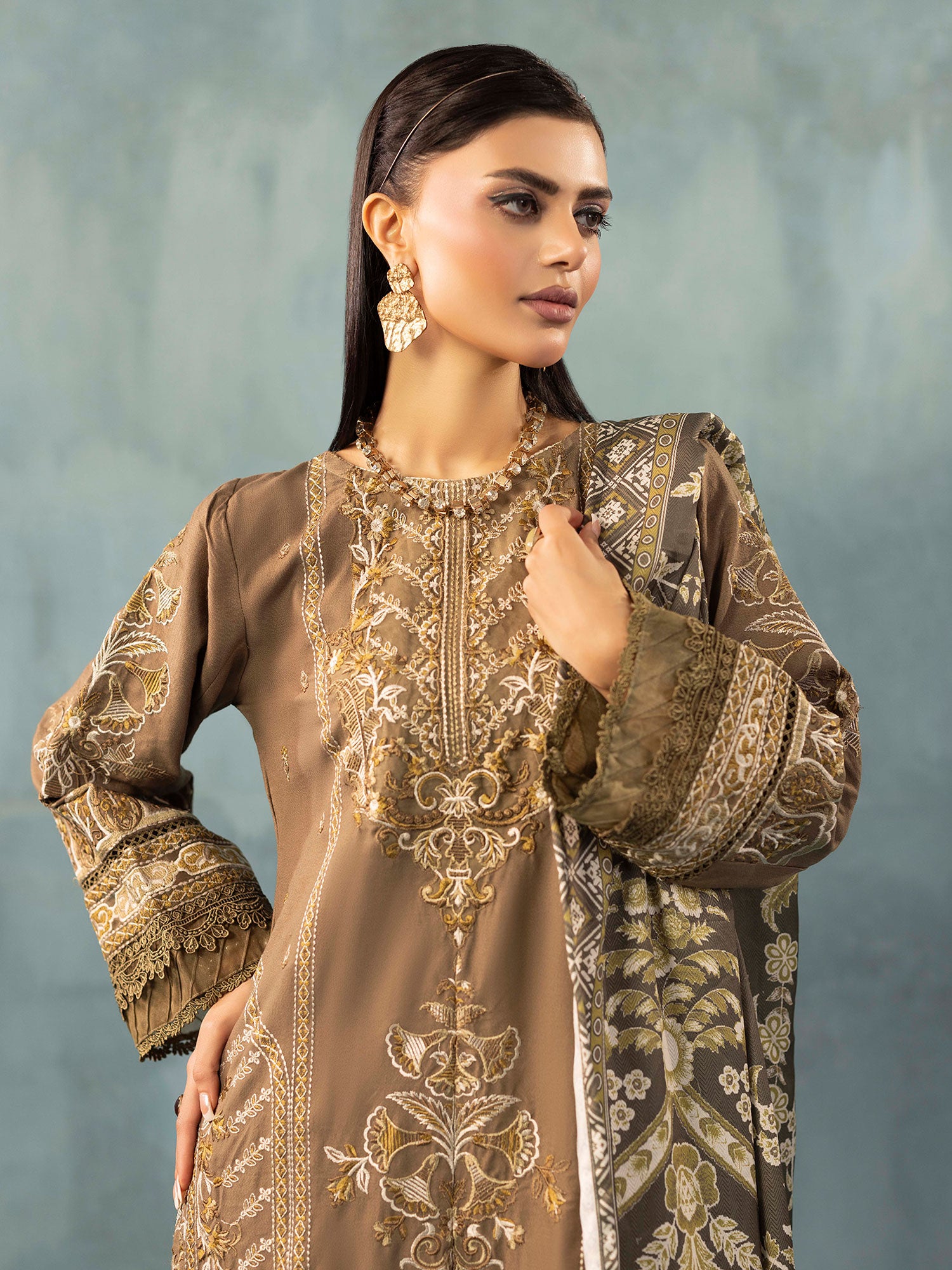 Adan's Libas Embroidered Dhanak Suit with Wool Shawl - Olive