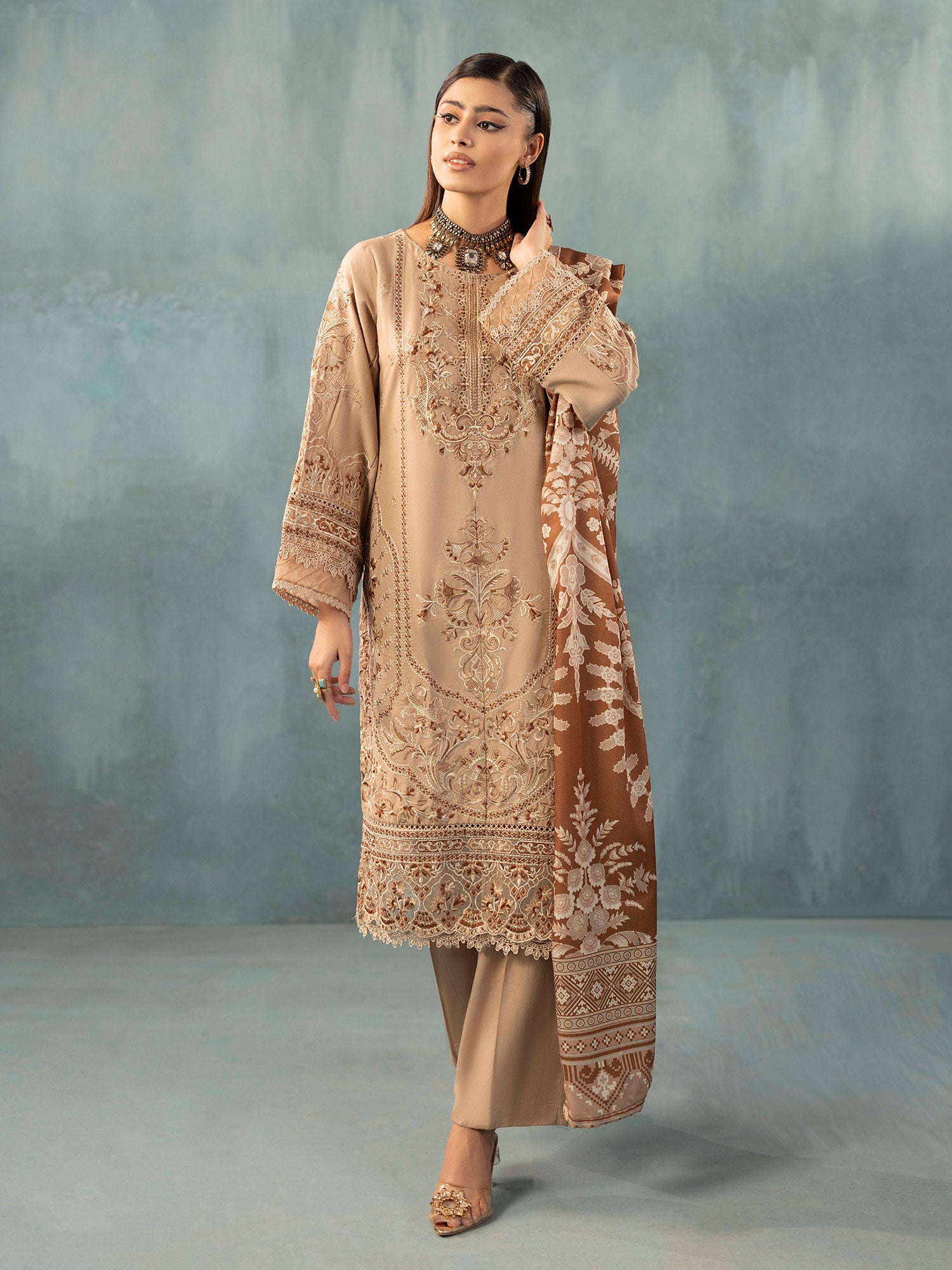Adan's Libas Embroidered Dhanak Suit with Wool Shawl - Light Brown