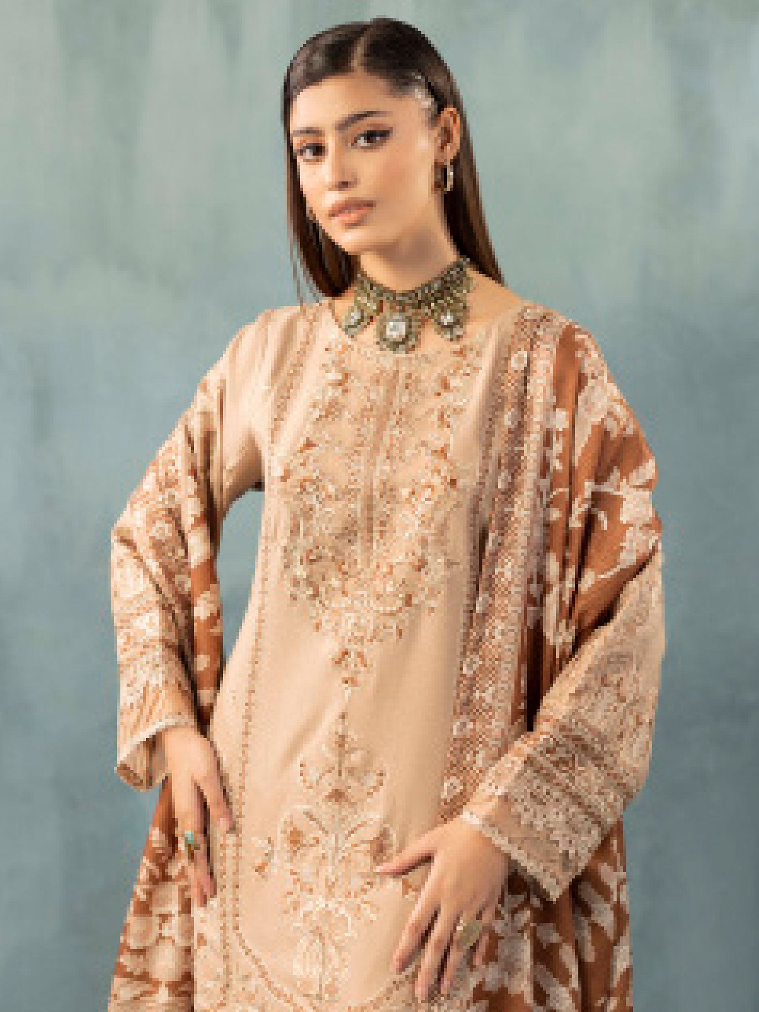 Adan's Libas Embroidered Dhanak Suit with Wool Shawl - Light Brown