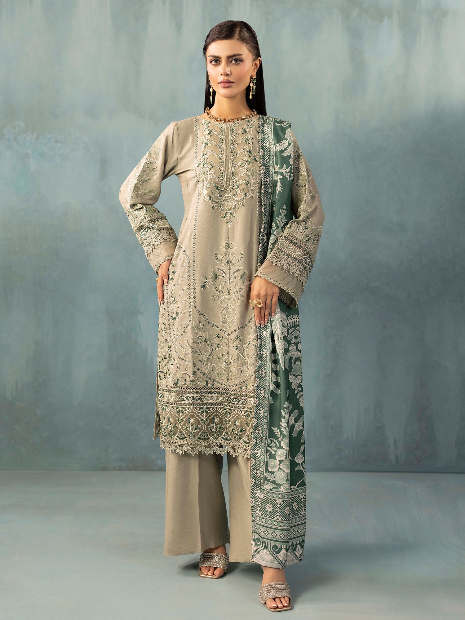 Adan's Libas Embroidered Dhanak Suit with Wool Shawl - Light Green