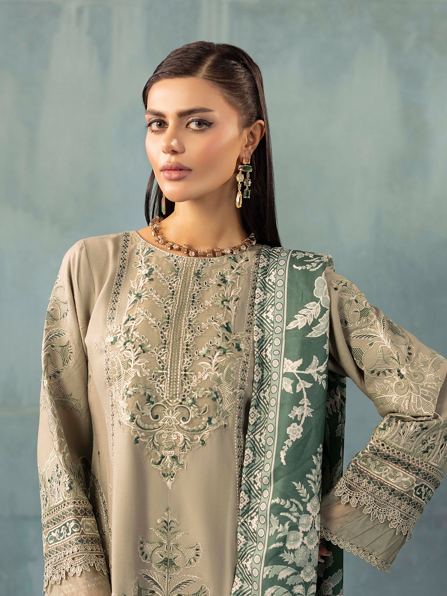 Adan's Libas Embroidered Dhanak Suit with Wool Shawl - Light Green