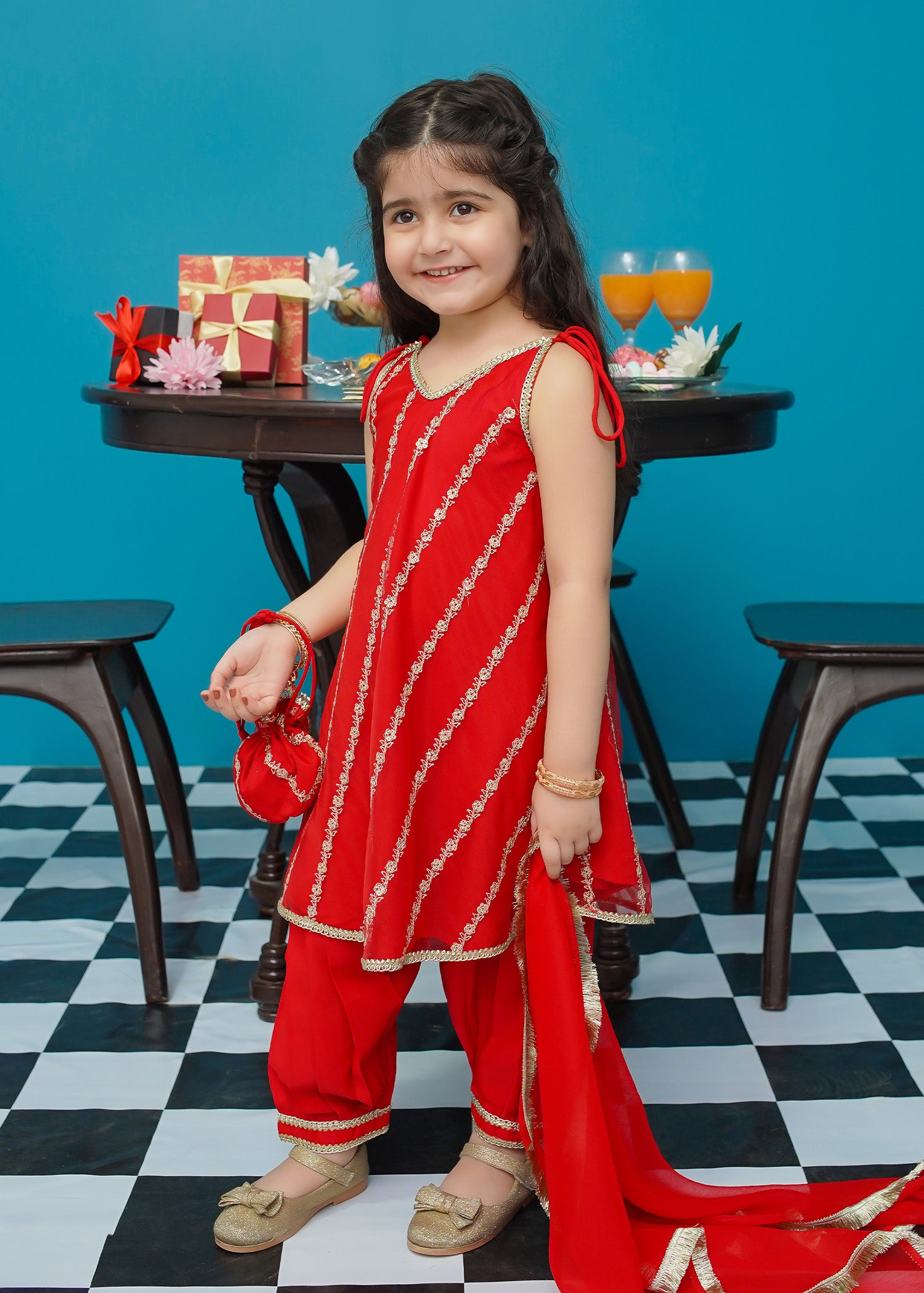 Kids Red Embroidered Net Frock Suit