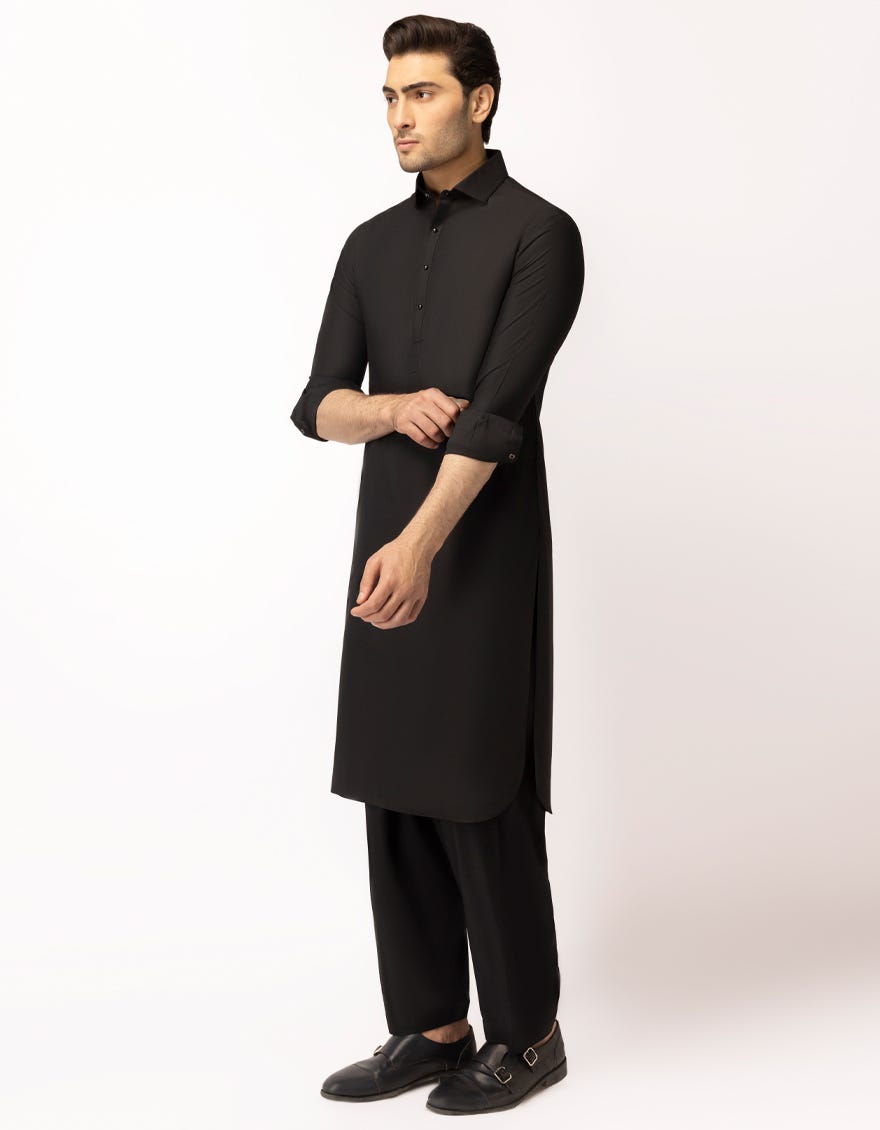 J. Mens Black Blended Semi-Formal Kameez Shalwar