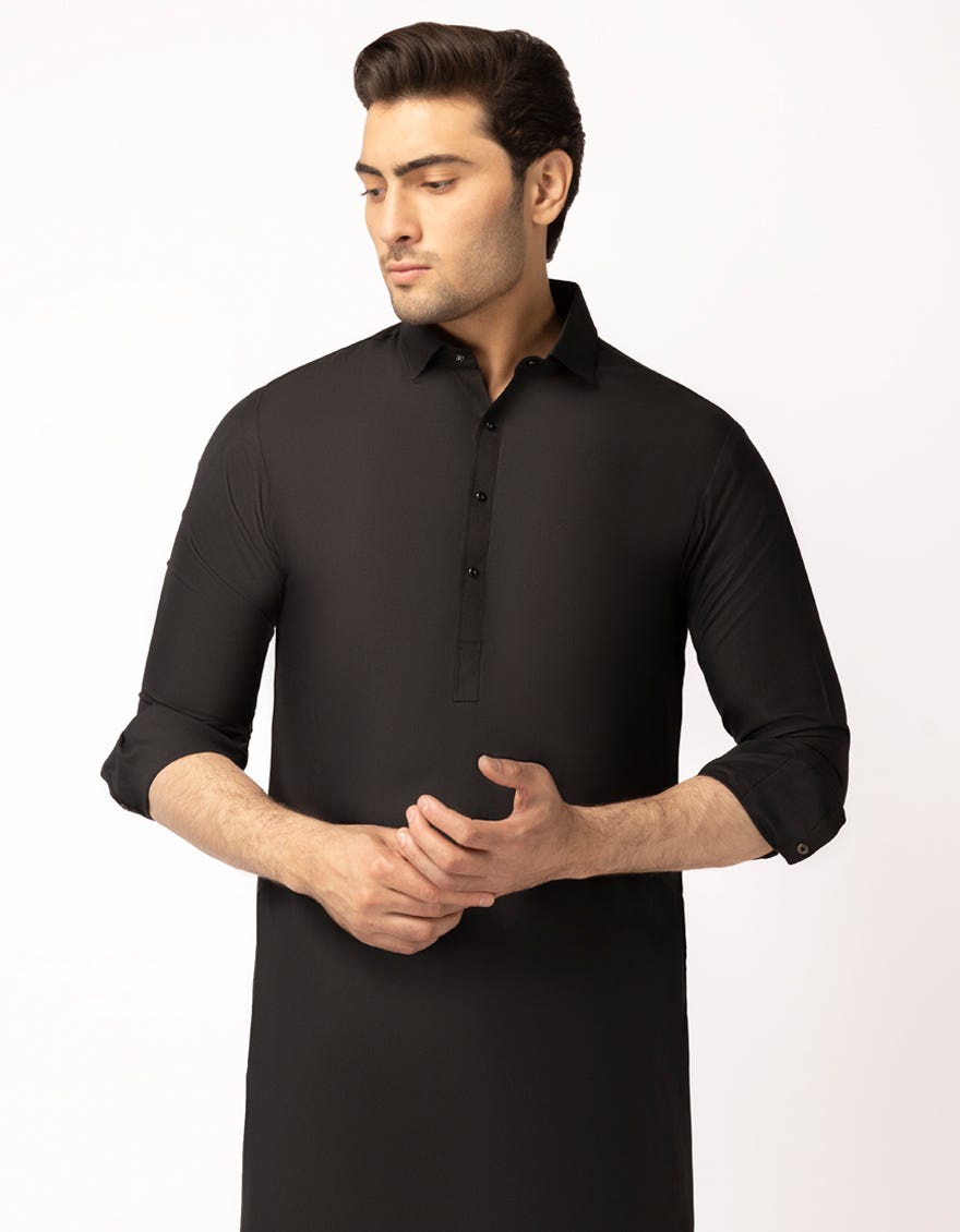 J. Mens Black Blended Semi-Formal Kameez Shalwar