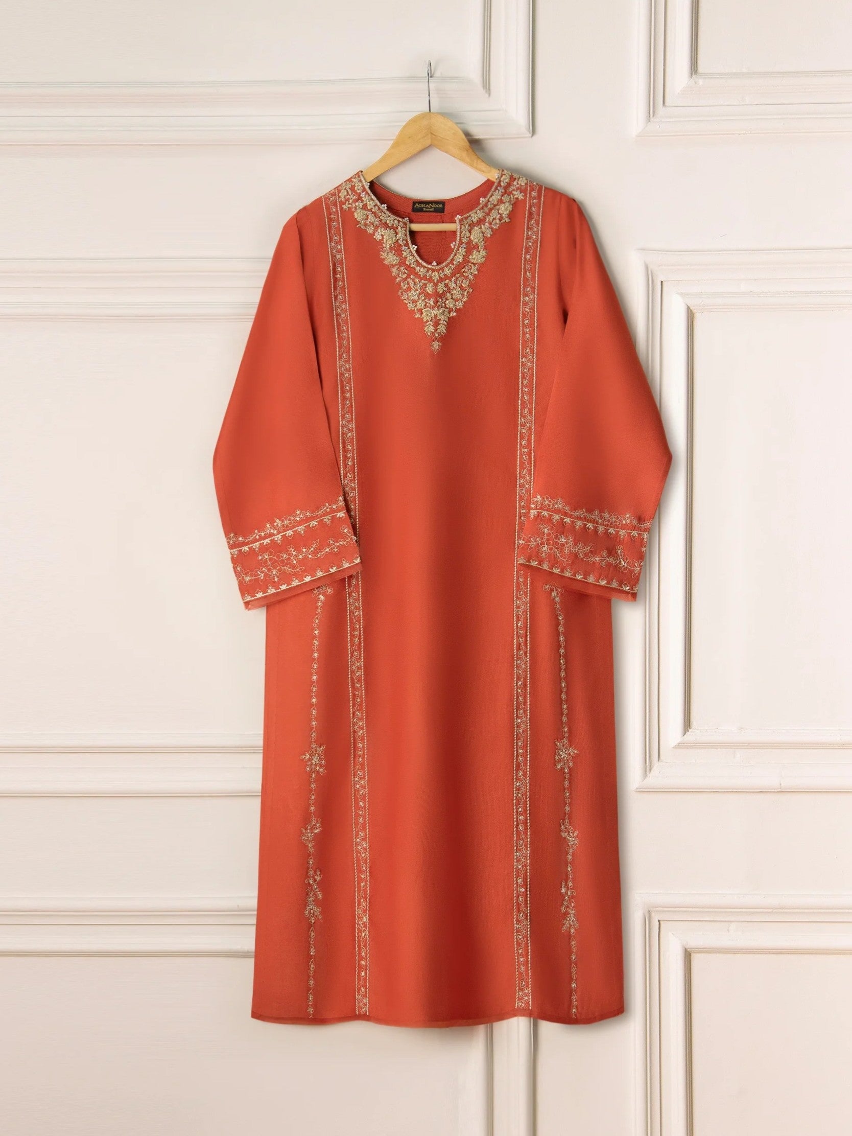 Agha Noor Rust Pure Silk Net Embroidered 2-Piece (Shirt + Trouser)