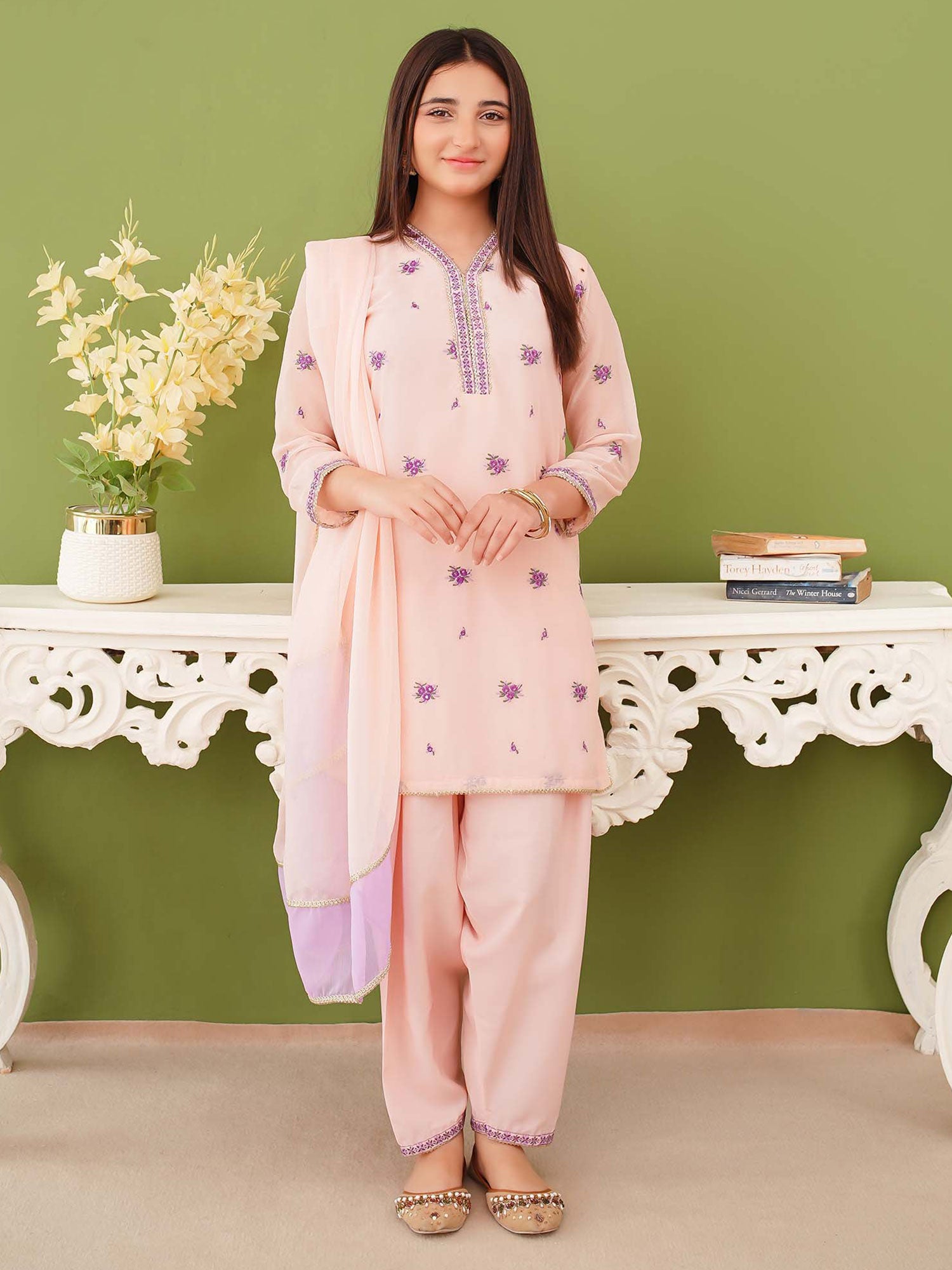 Kids Embroidered Chiffon 3-Piece Suit - Peach