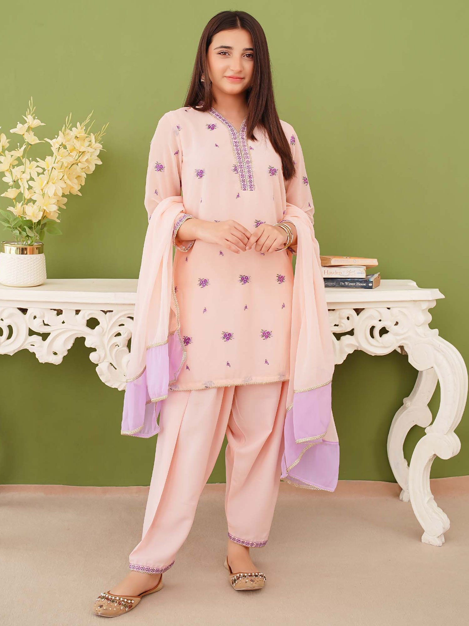 Kids Embroidered Chiffon 3-Piece Suit - Peach