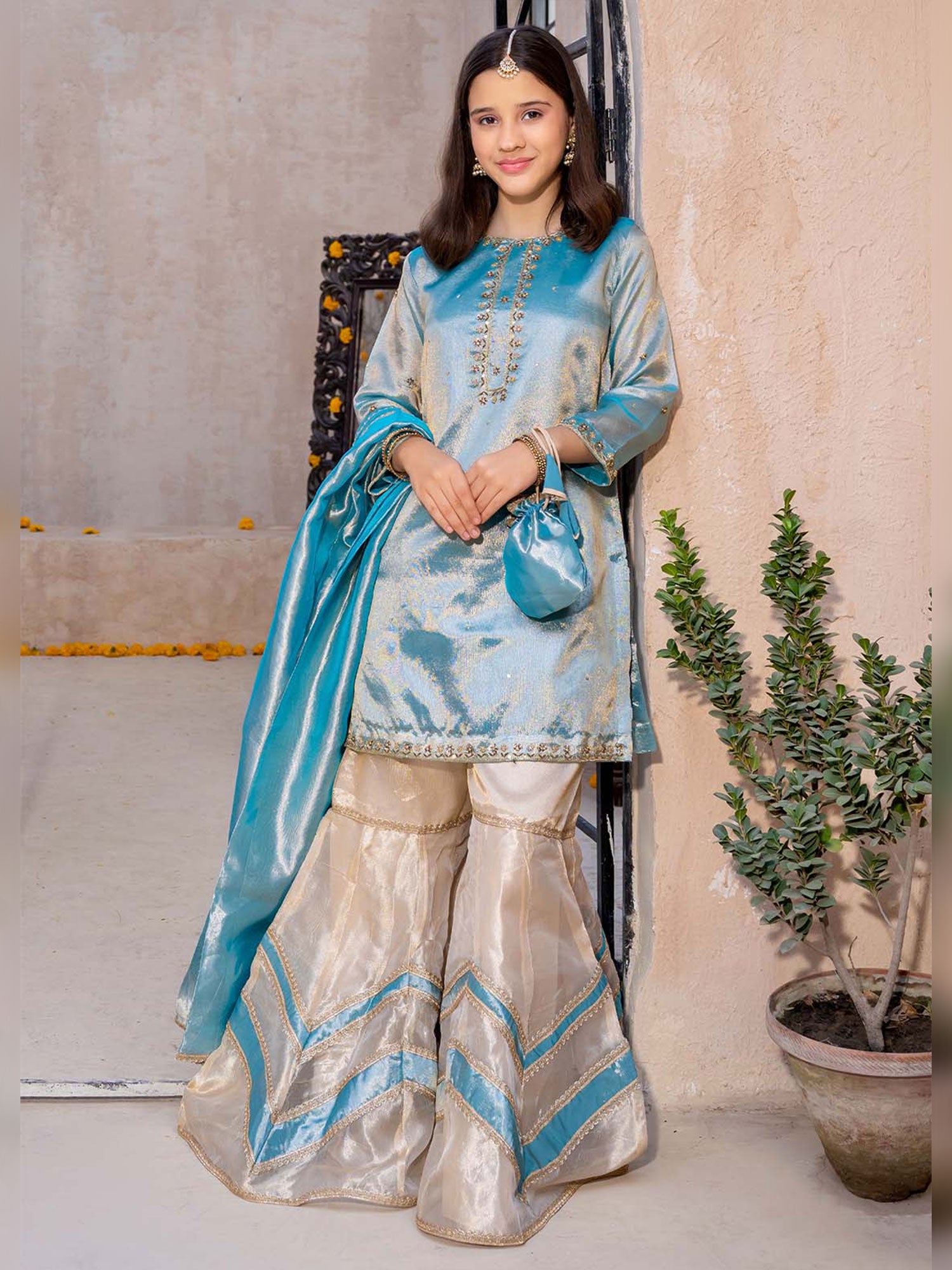 Kids Masuri 3-Piece Suit with Gharara - Sky Blue
