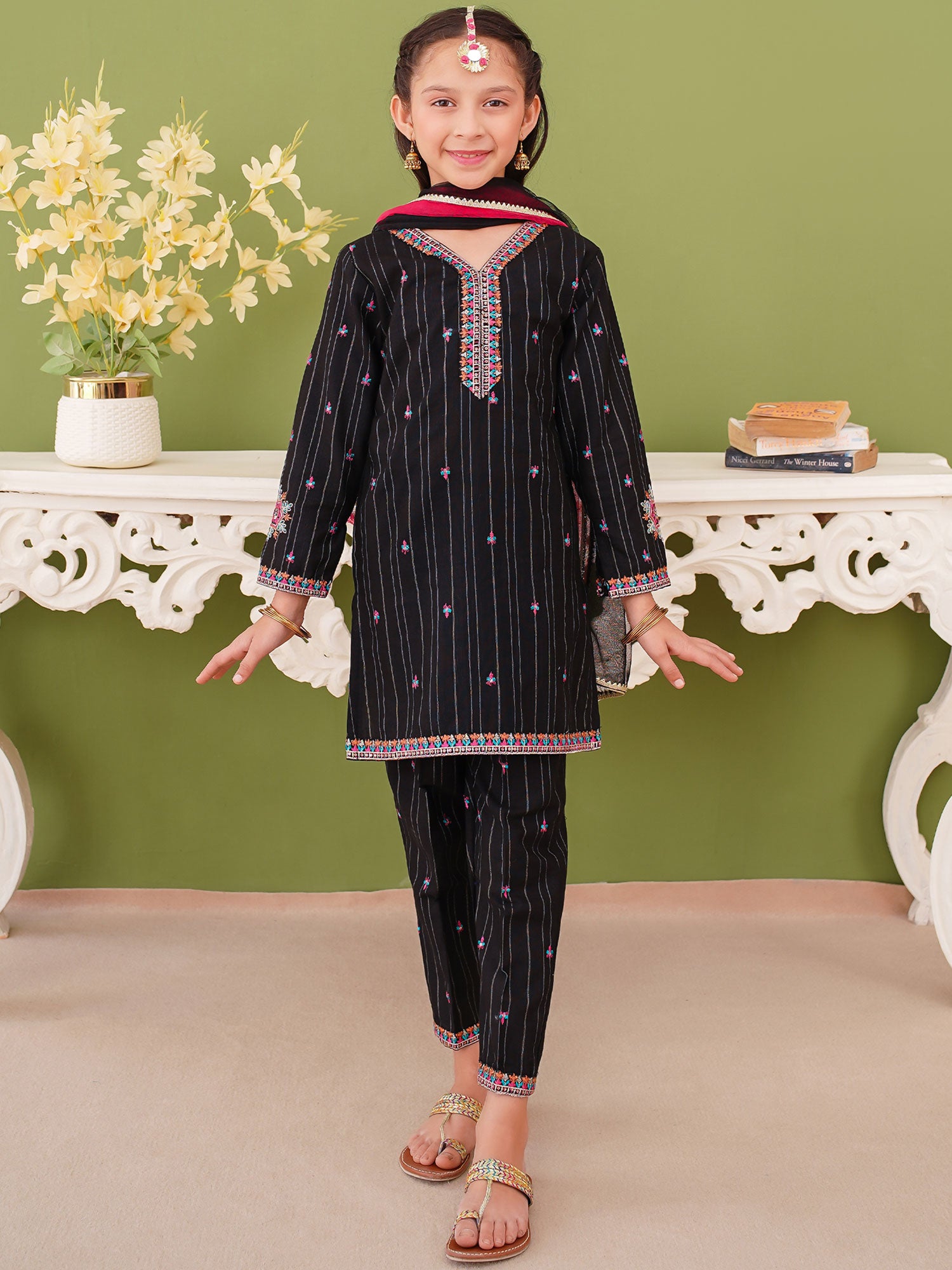 Kids Embroidered Khaddar 3-Piece Suit - Black