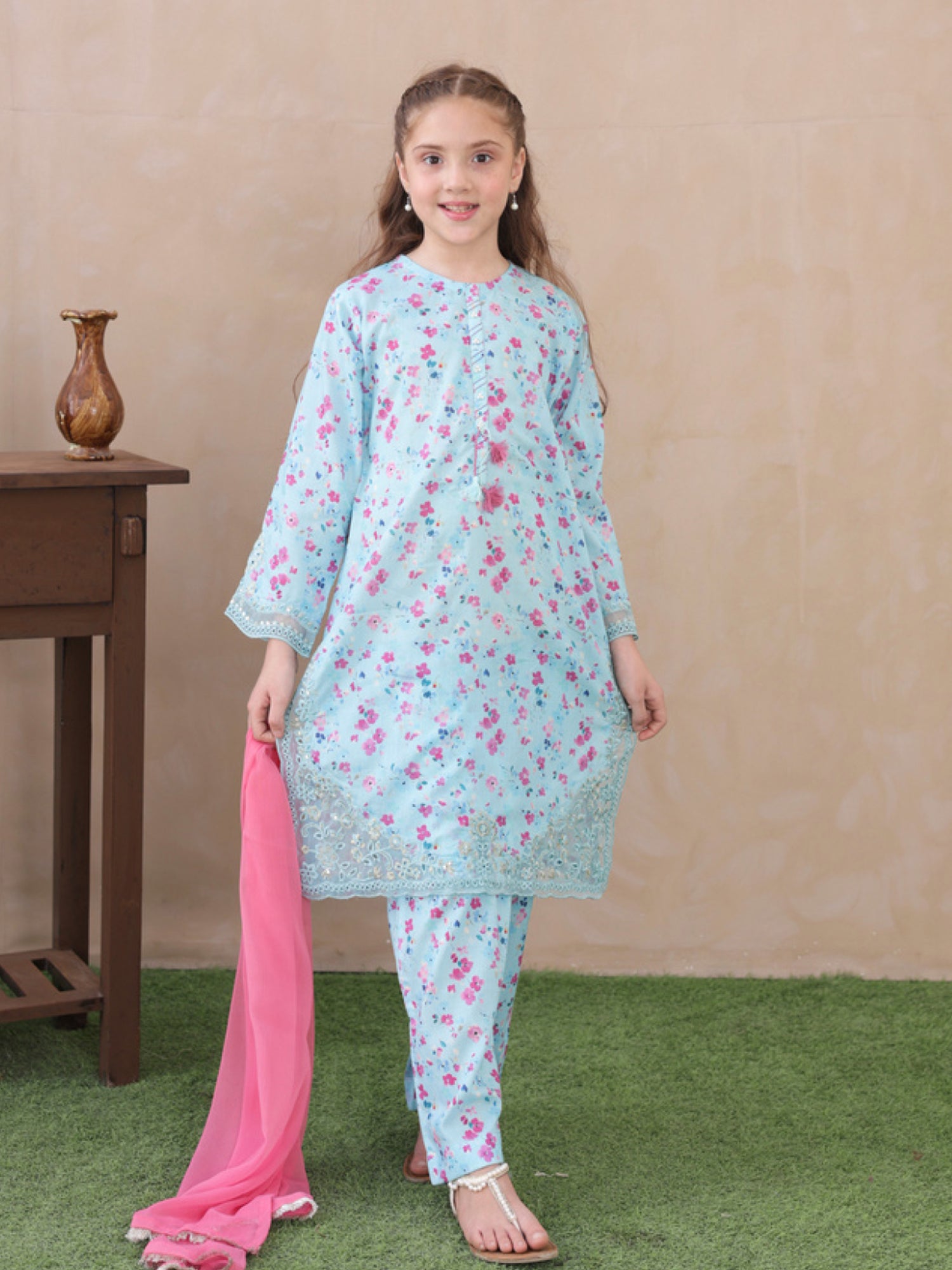 Kids Blue Embroidered Lawn 3-Piece Co-ords Set