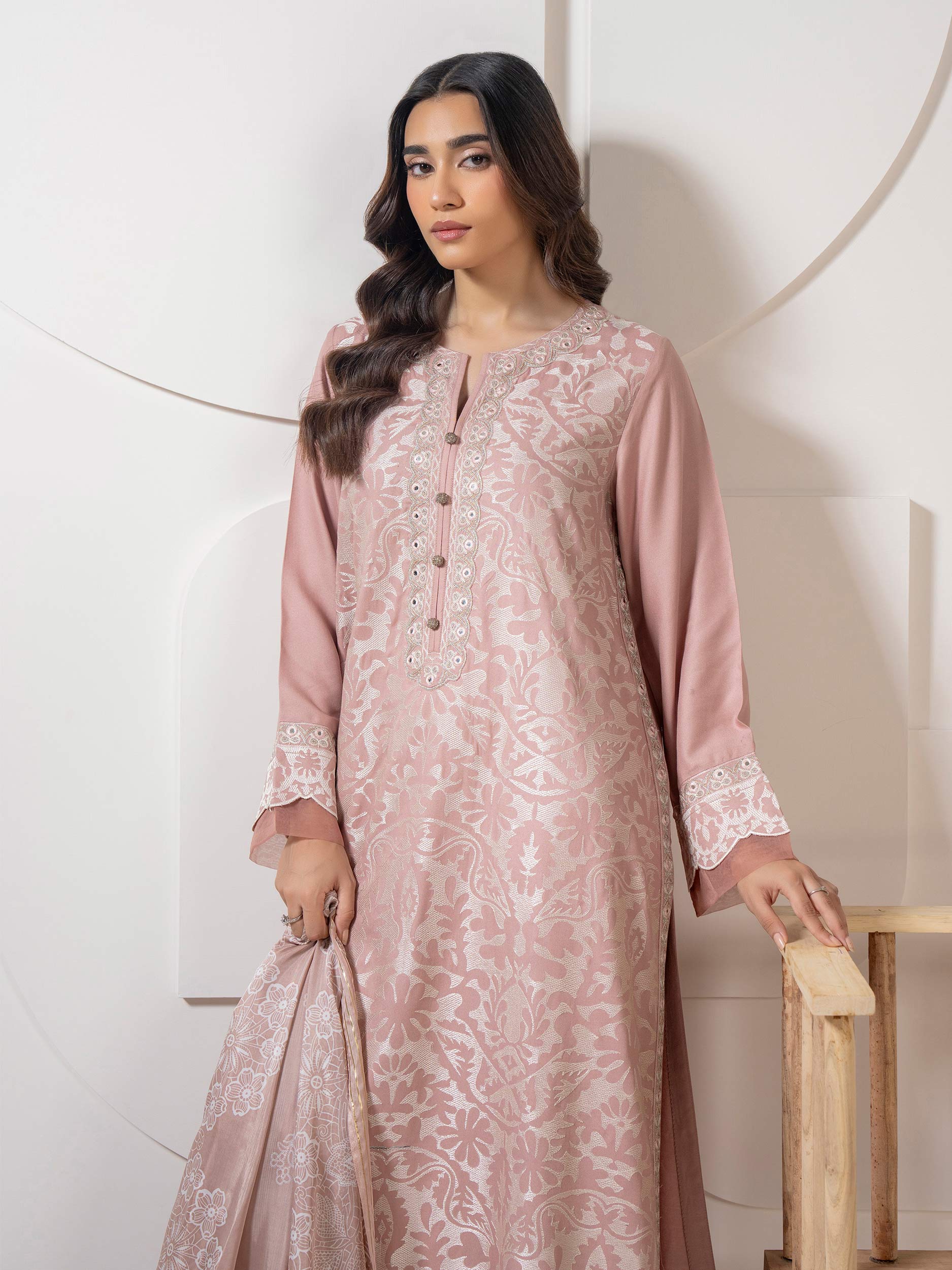Limelight Pink Crepe Embroidered 3-Piece Suit (A0690SU)