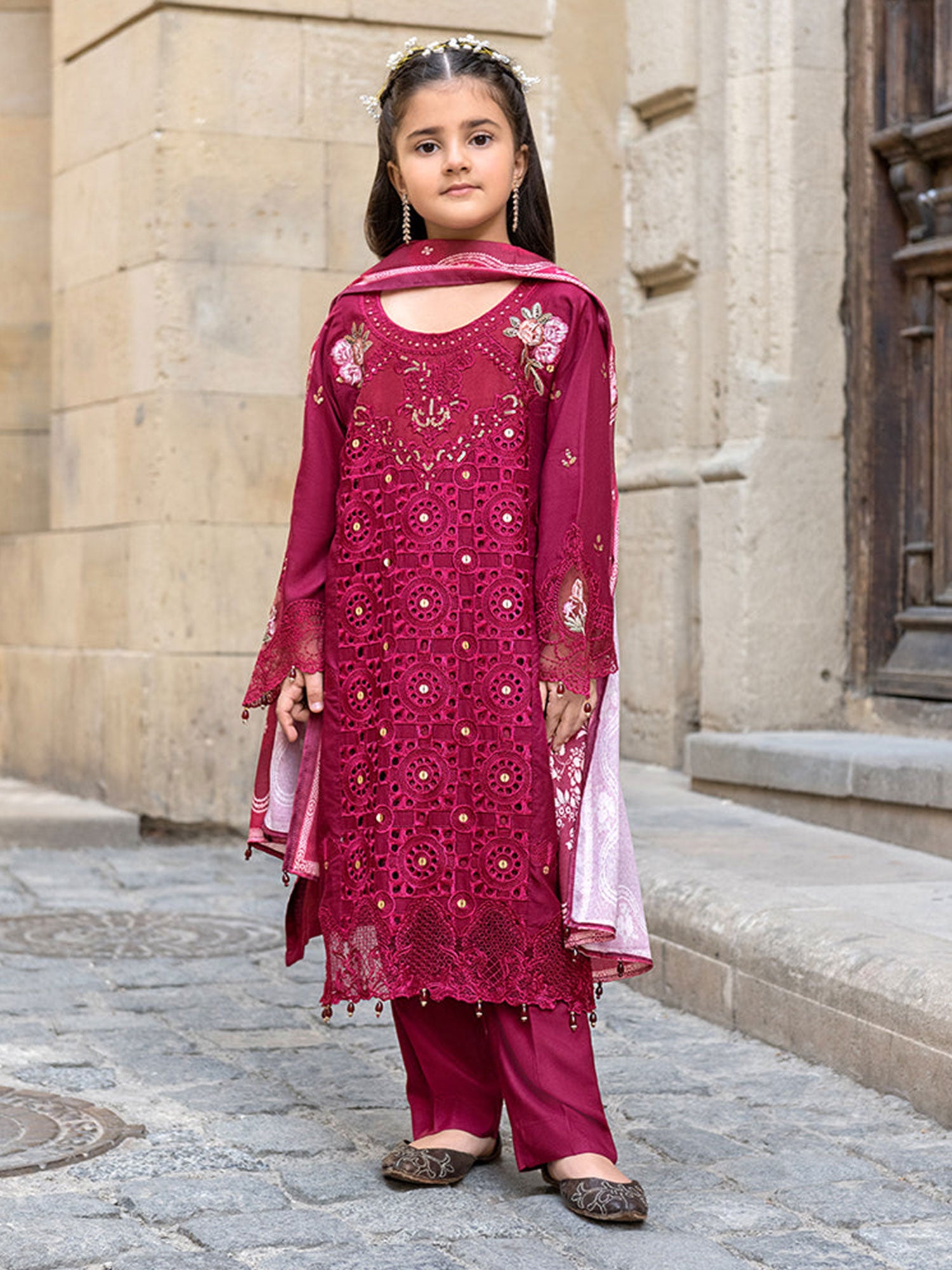 Ally's Kids Rose Pink Embroidered Linen Suit (AL-1111)