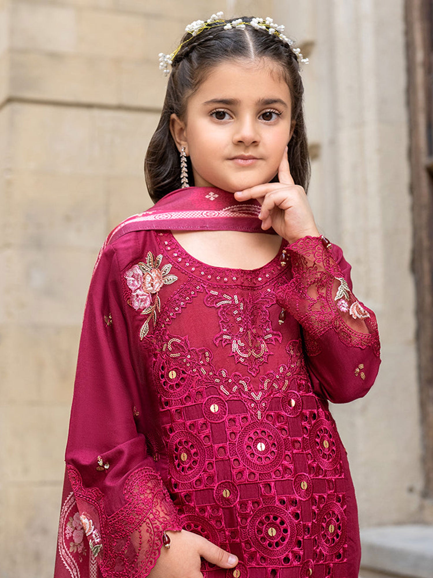 Ally's Kids Rose Pink Embroidered Linen Suit (AL-1111)