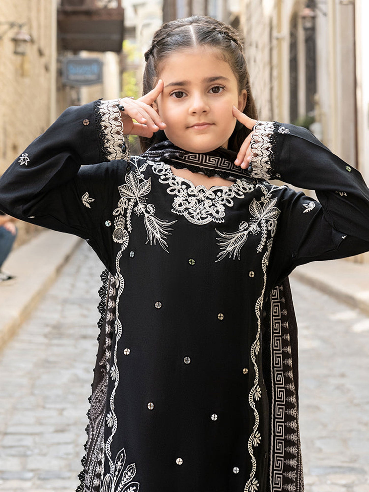 Ally's Kids Black Embroidered Linen Suit (AL-1112)