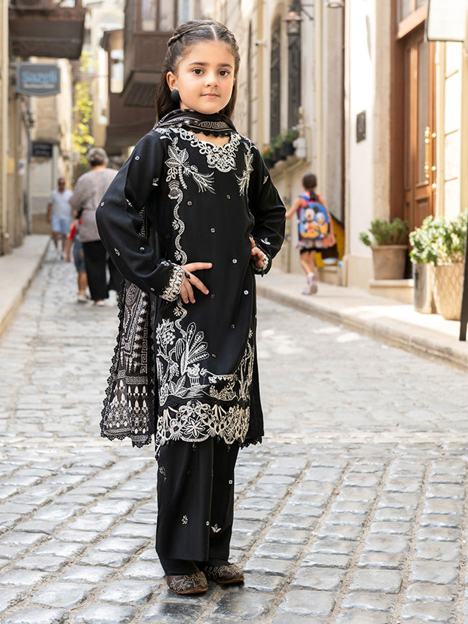 Ally's Kids Black Embroidered Linen Suit (AL-1112)