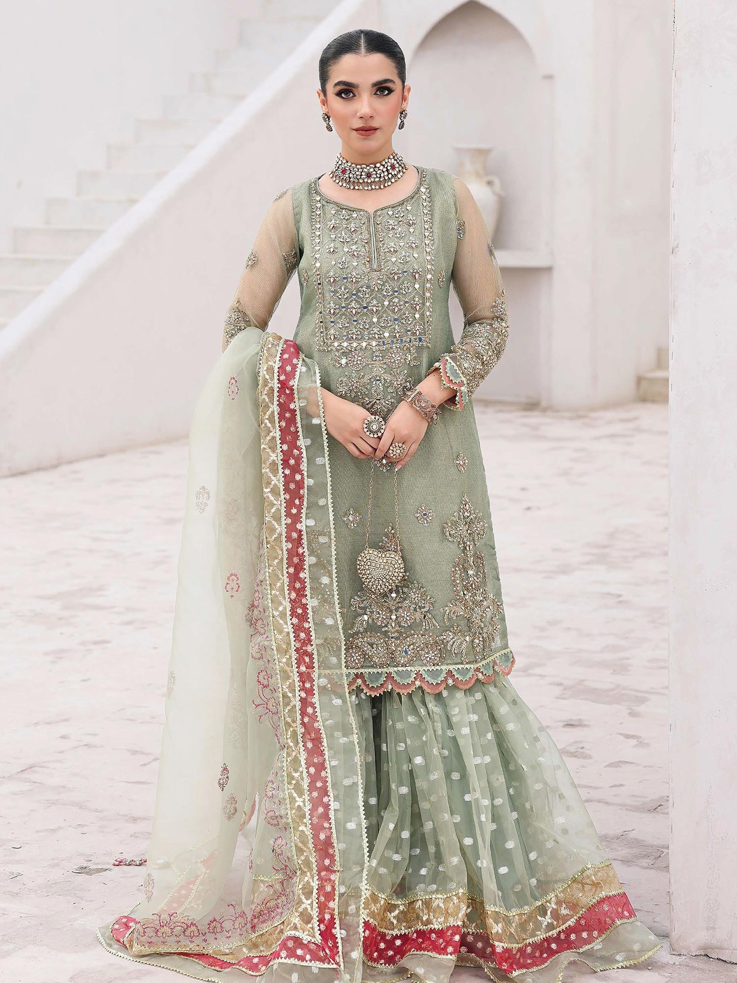 Ally's Pistachio Embroidered Net Suit with Gharara (AL-4148)