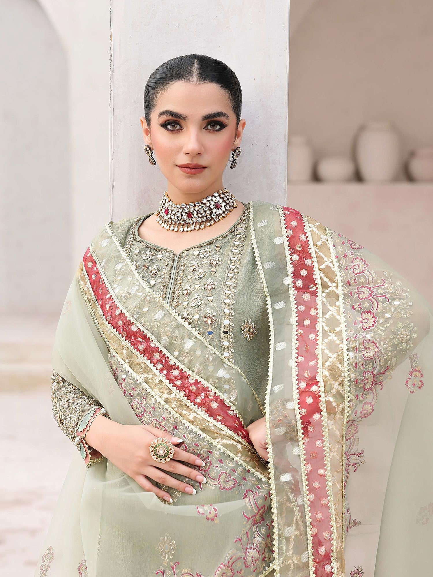 Ally's Pistachio Embroidered Net Suit with Gharara (AL-4148)