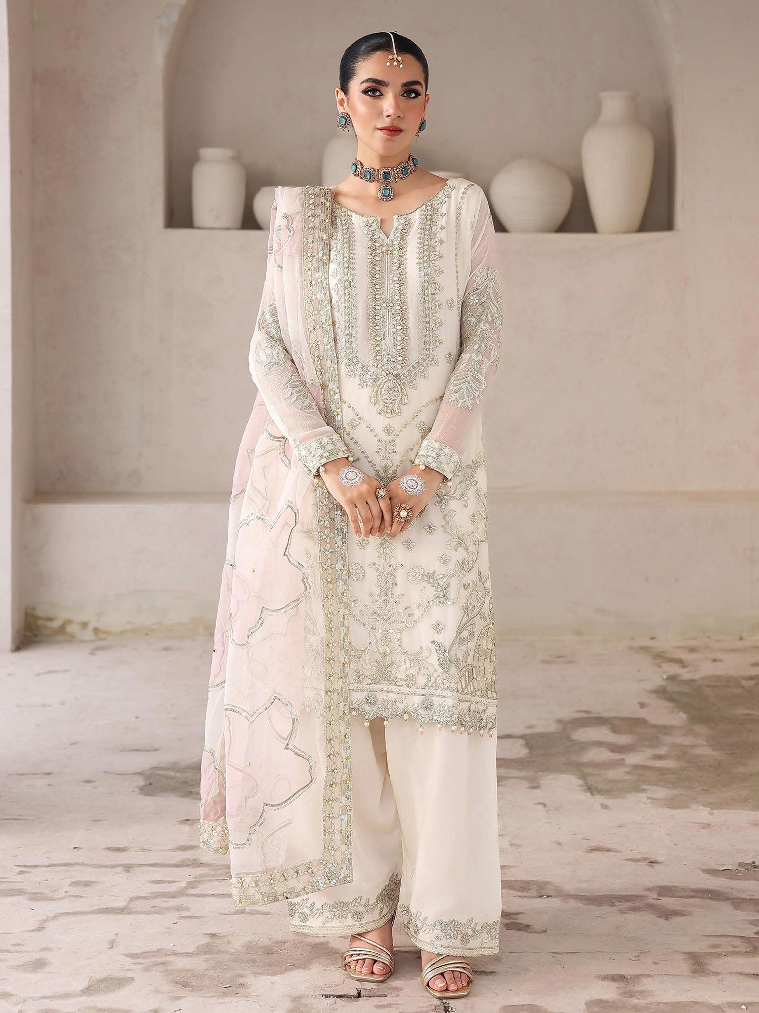 Ally's Pearl White Chiffon Suit (AL-4240)