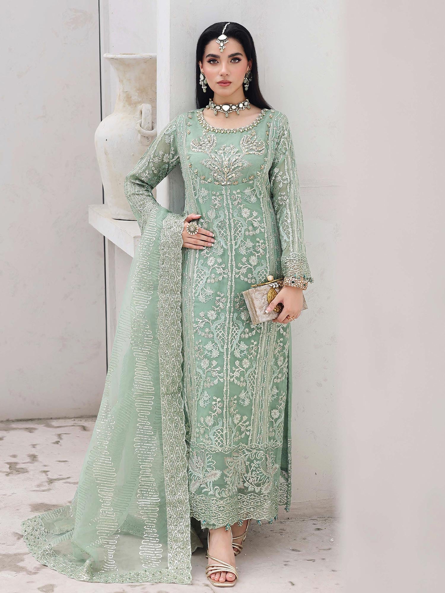 Ally's Green Chiffon Long Shirt Suit (AL-4241)