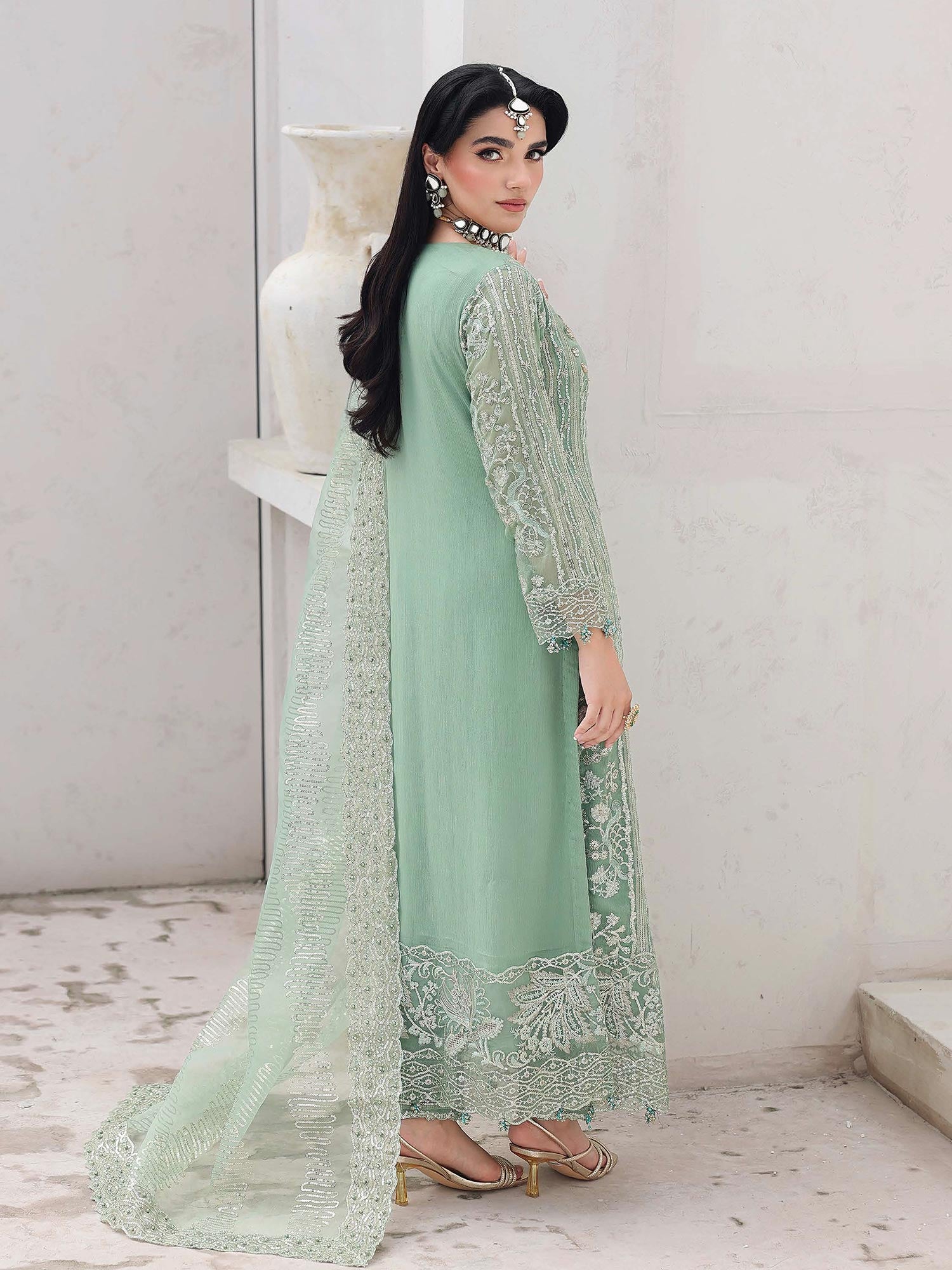 Ally's Green Chiffon Long Shirt Suit (AL-4241)