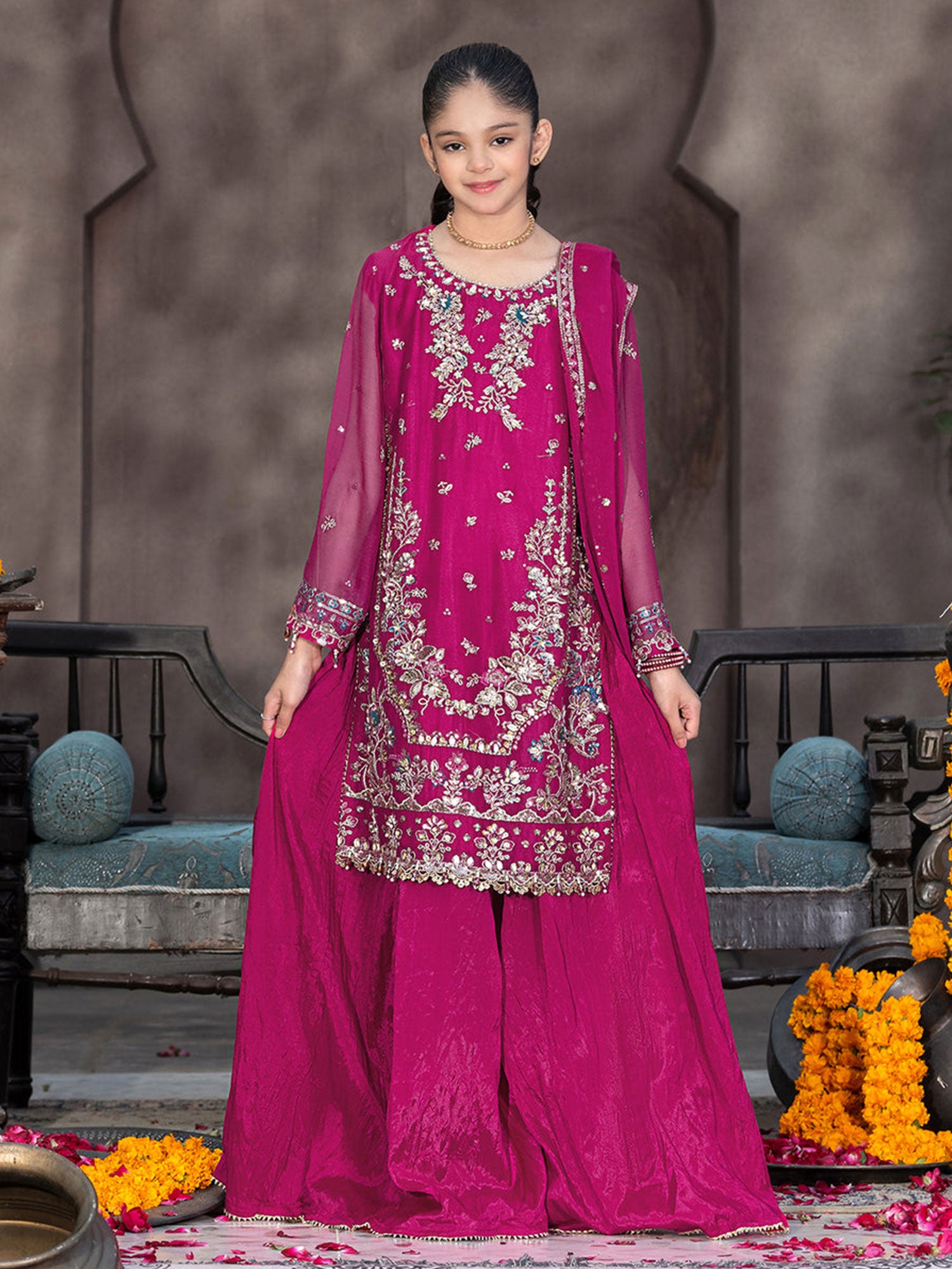 Ally's Kids Pink Lux Chiffon Suit with Gharara (AL-4281)