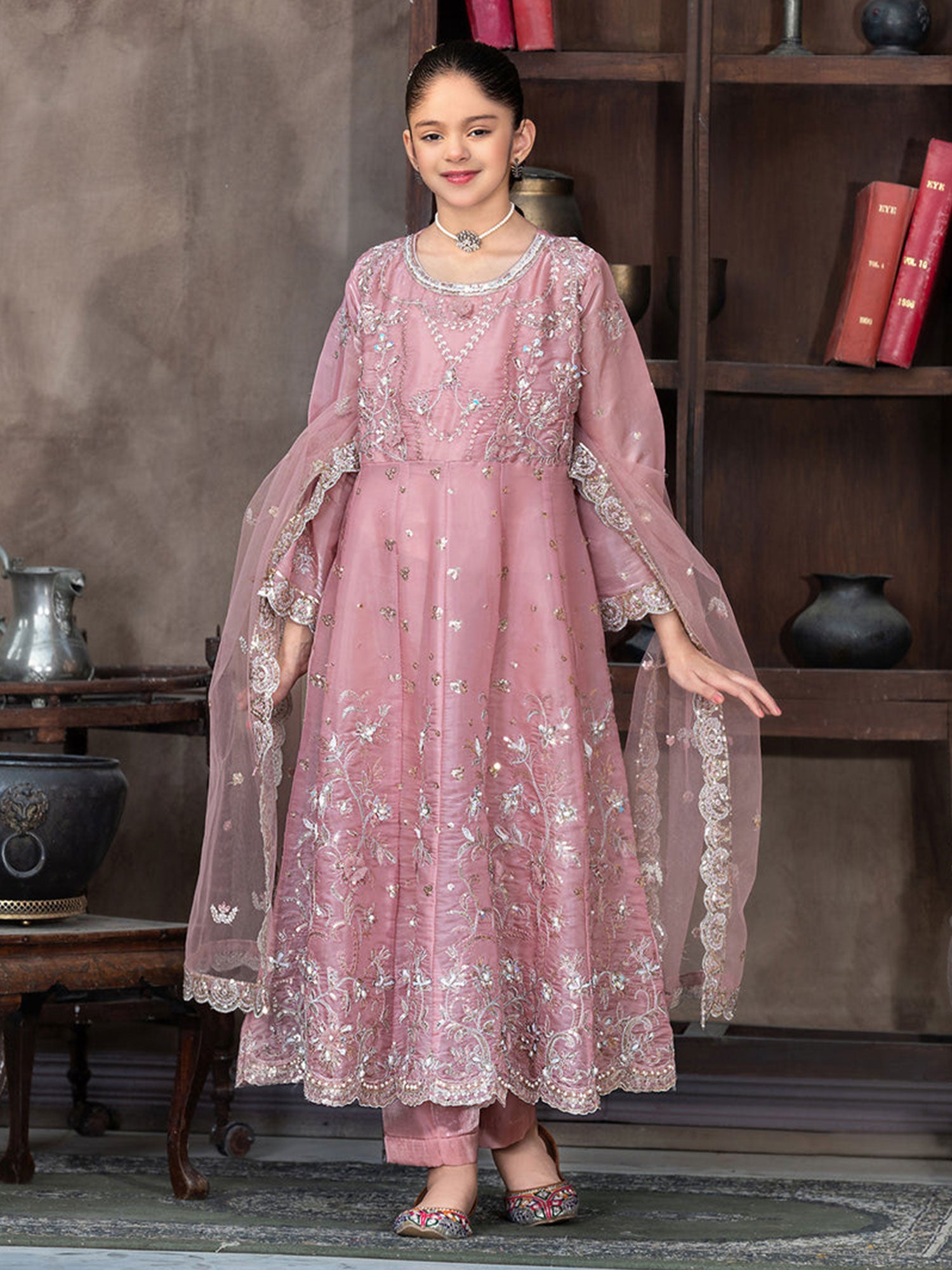 Ally's Kids Pink Embroidered Silk Maxi Suit (AL-4324)