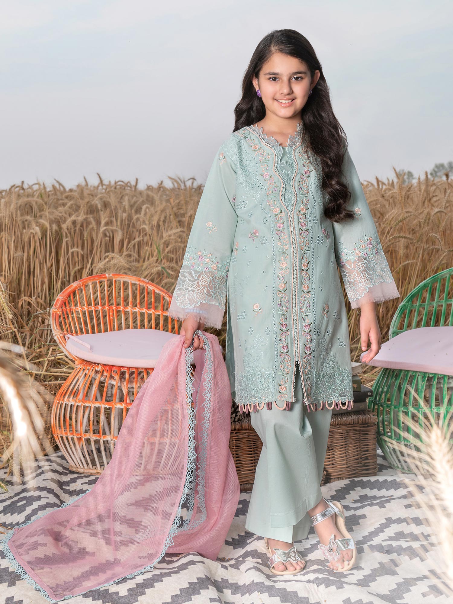 Ally's Kids Aqua Blue Embroidered Chikankari Suit (AL-1043)