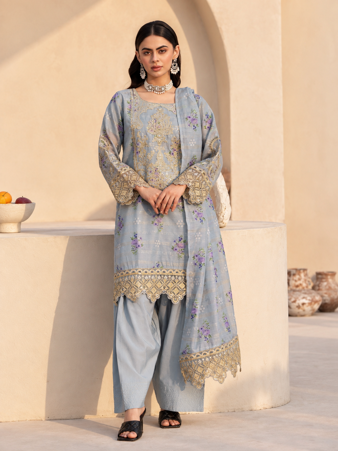 Arfa Riwaj Chikankari Embroidered Munar 3-Piece Suit - Blue-Grey