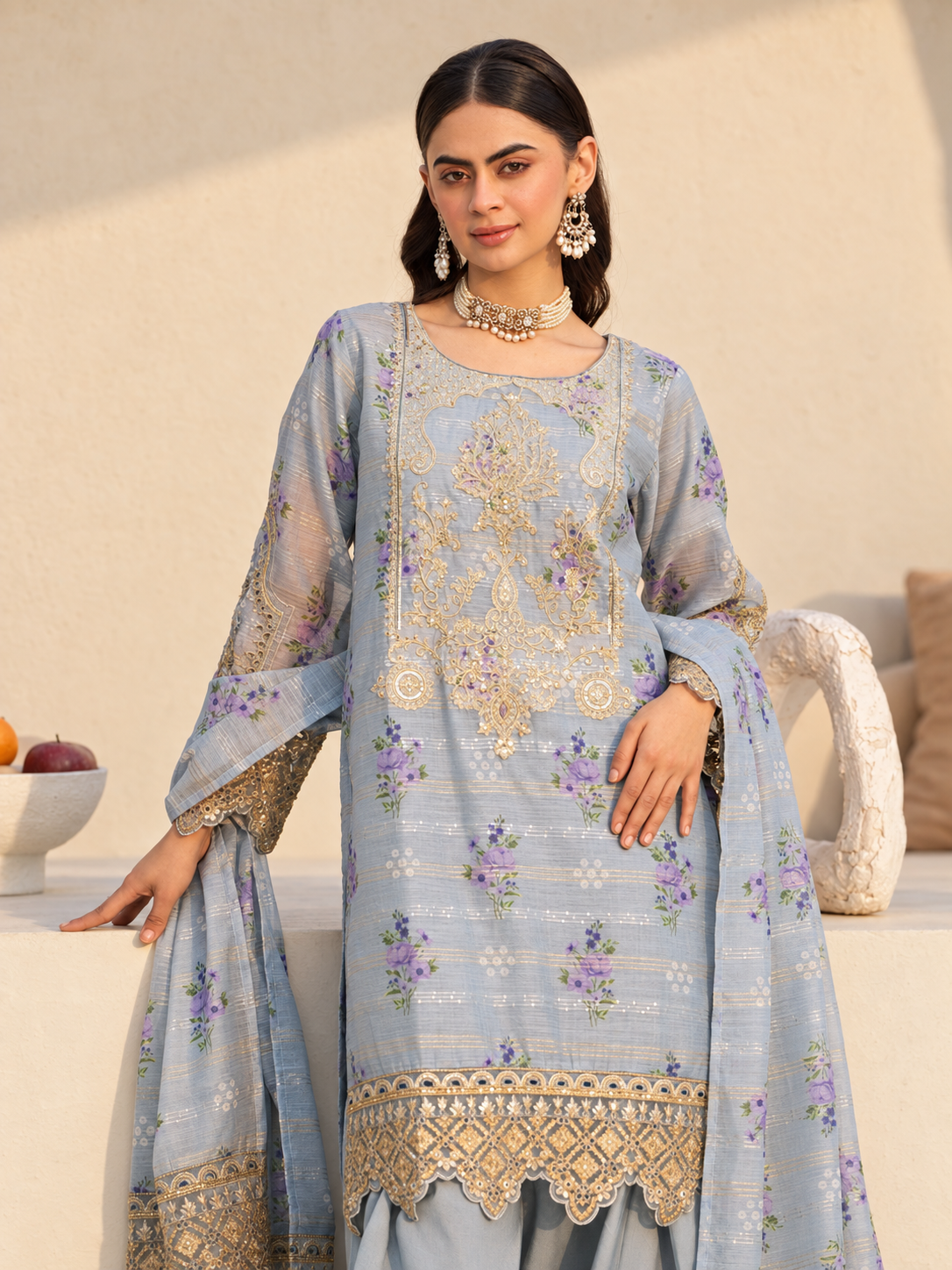 Arfa Riwaj Chikankari Embroidered Munar 3-Piece Suit - Blue-Grey