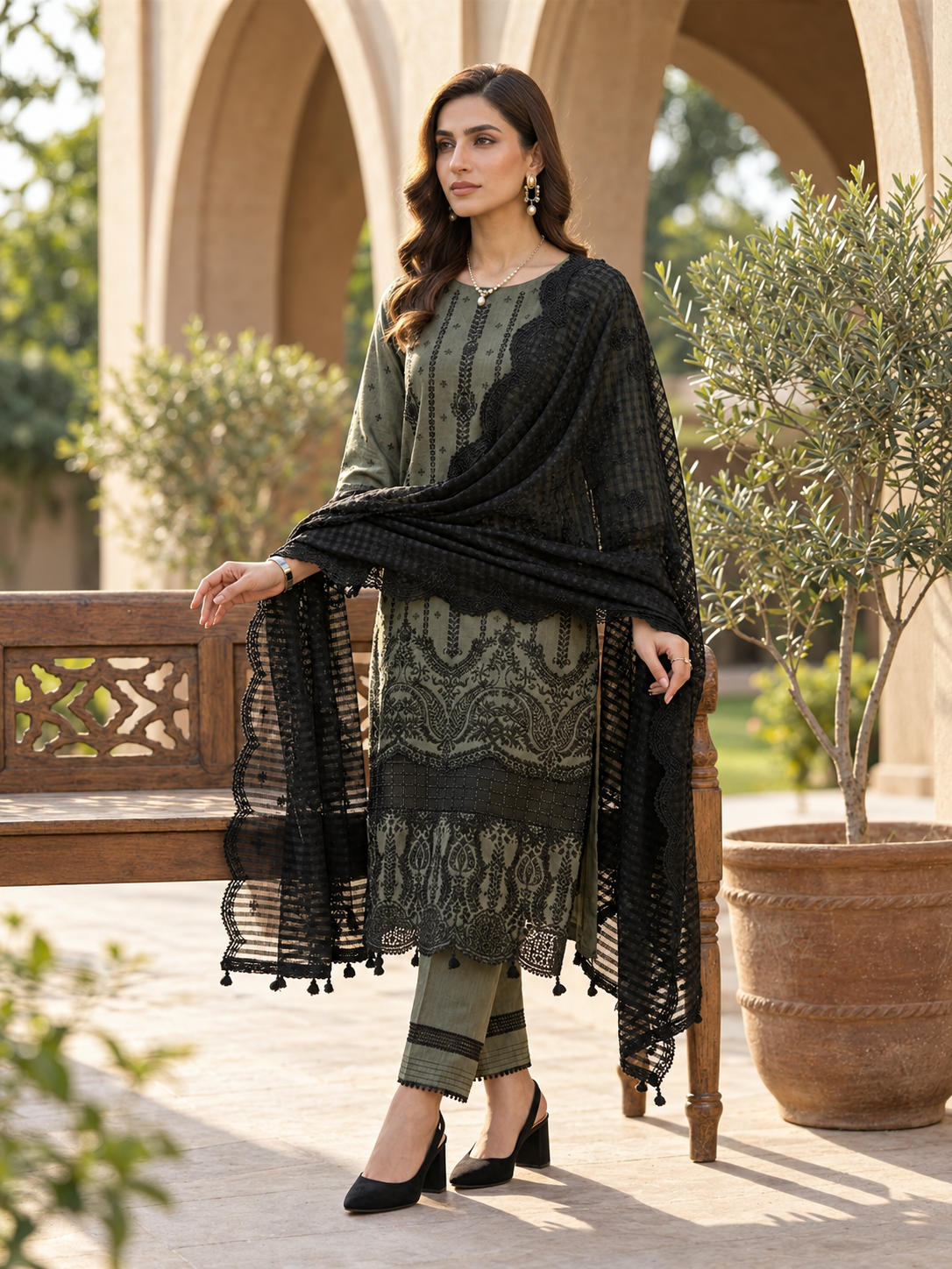 Arfa Riwaj Embroidered Chambray Cotton 3-Piece Suit - Olive Green
