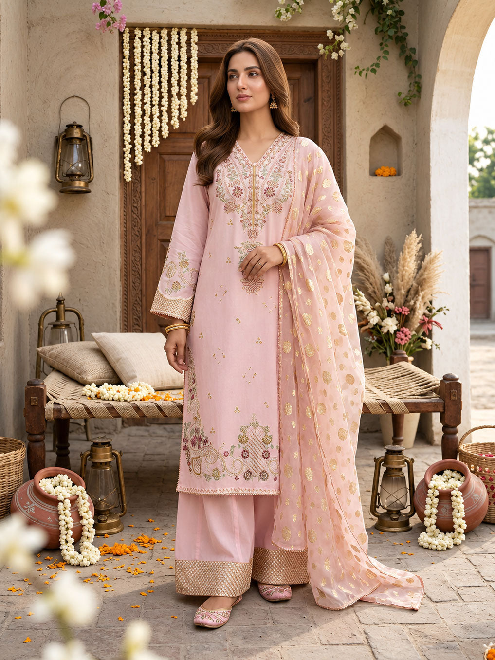Arfa Riwaj Embroidered Lorex Lawn and Jacquard Suit - Baby Pink