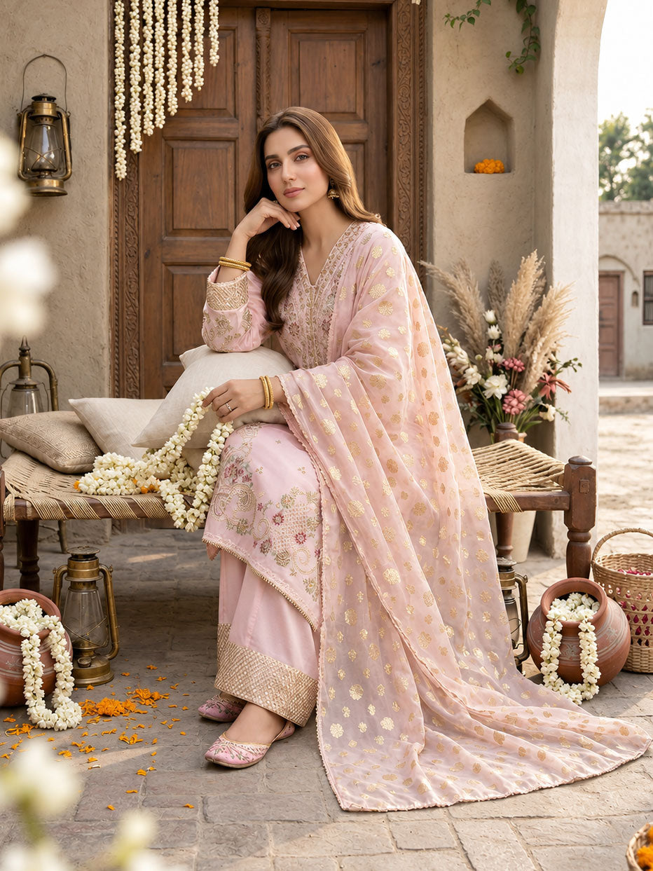 Arfa Riwaj Embroidered Lorex Lawn and Jacquard Suit - Baby Pink