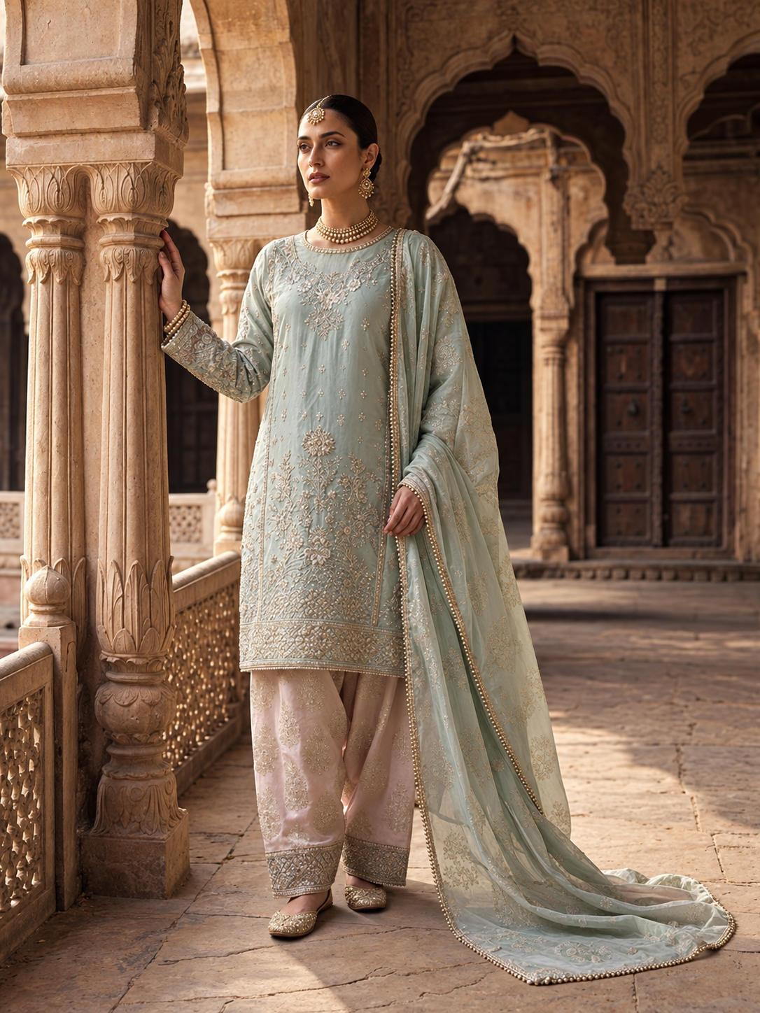 Arfa Riwaj Embroidered Viscose 3-Piece Suit - Mint and Pink