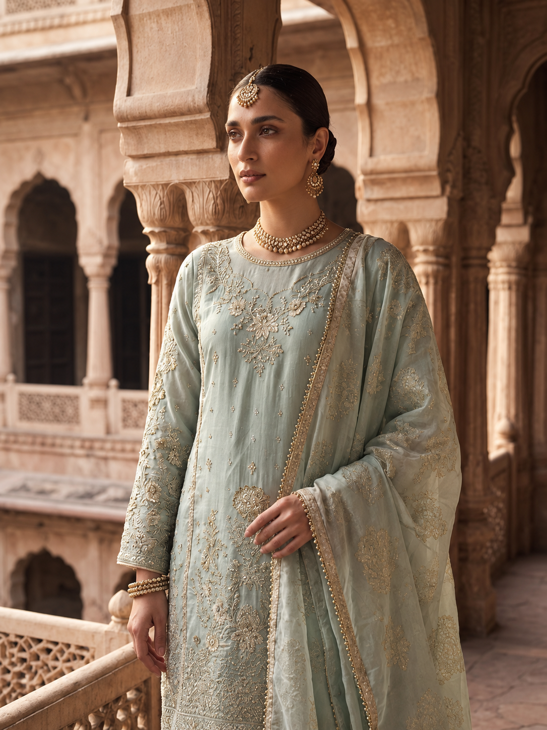 Arfa Riwaj Embroidered Viscose 3-Piece Suit - Mint and Pink