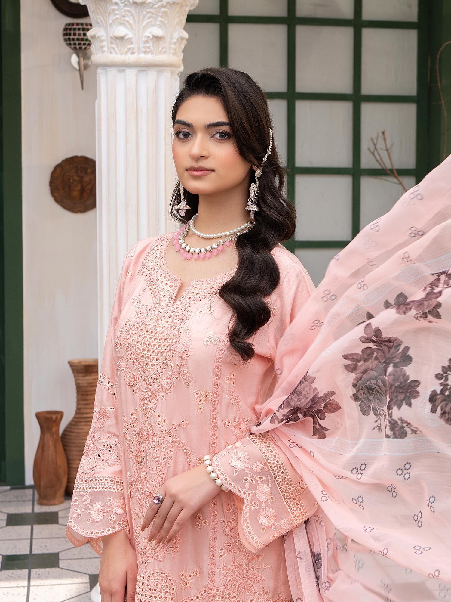 Peach Schiffli Embroidered Winter Linen Suit