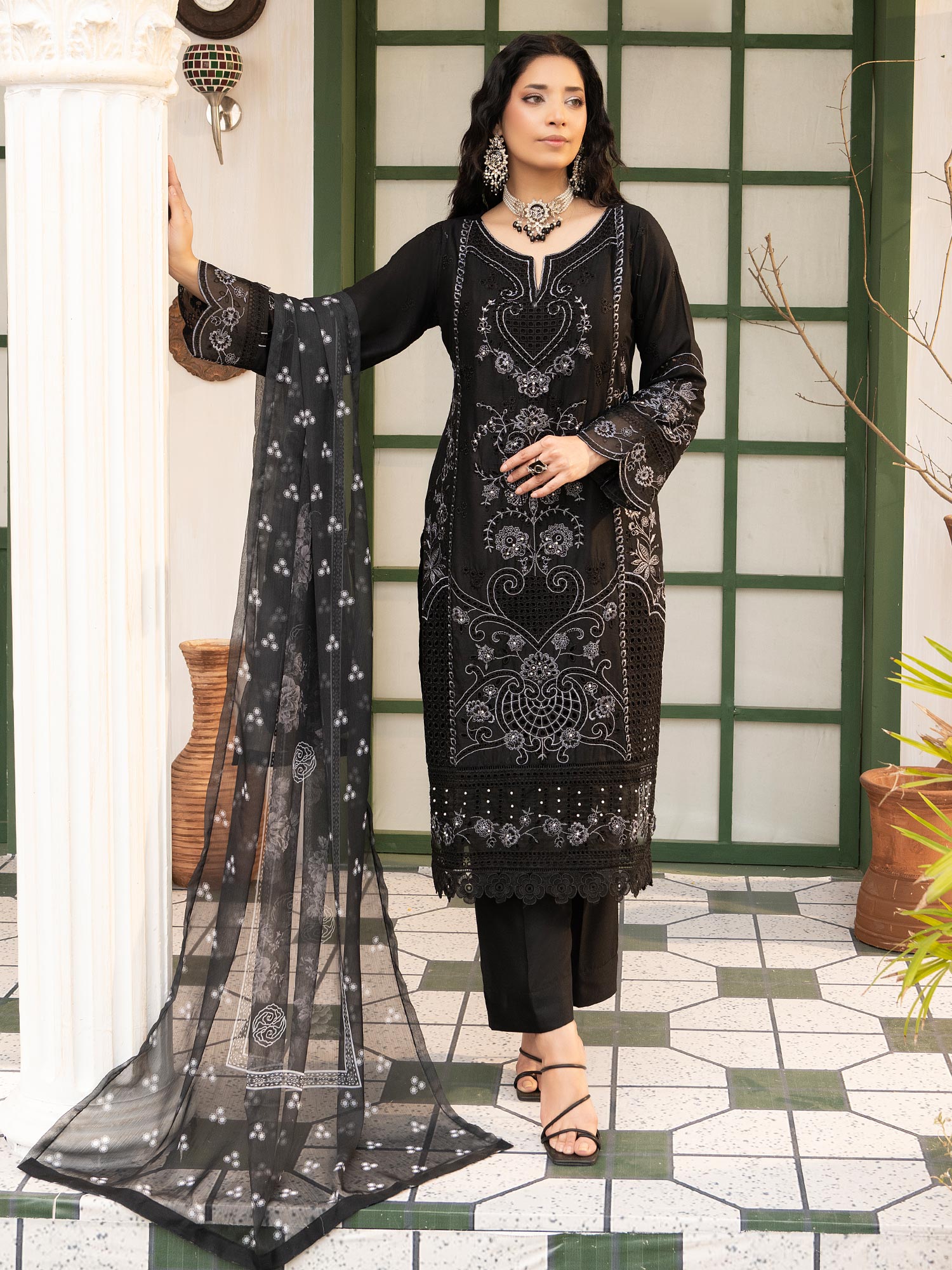 Black Schiffli Embroidered Winter Linen Suit