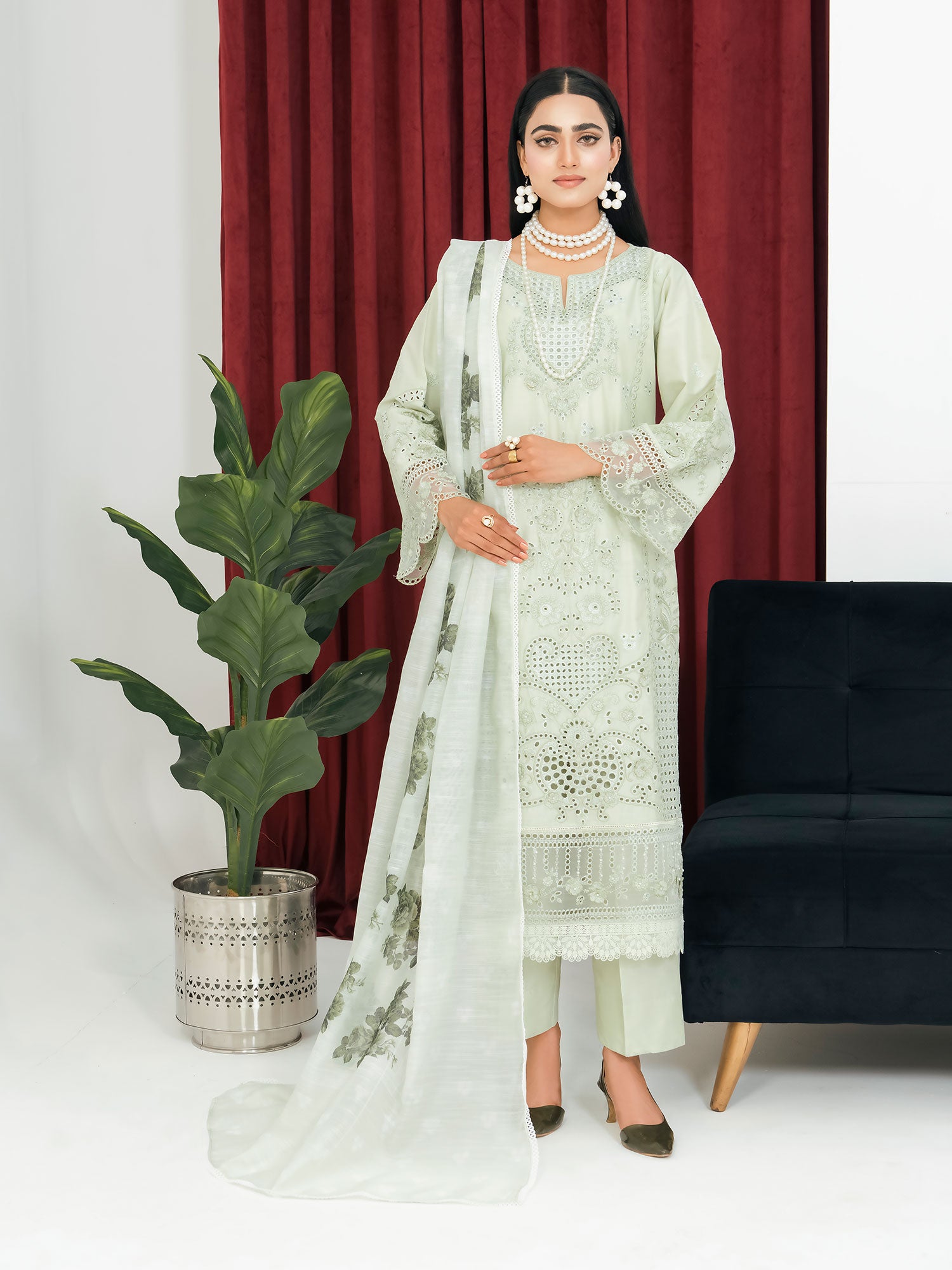 Light Green Schiffli Embroidered Winter Linen Suit