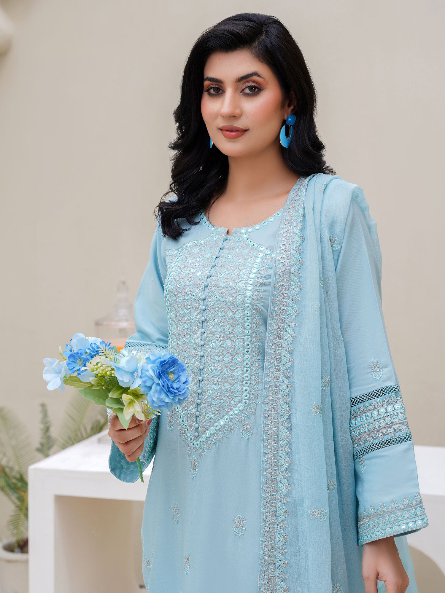 Sky Blue Embroidered Winter Linen Suit