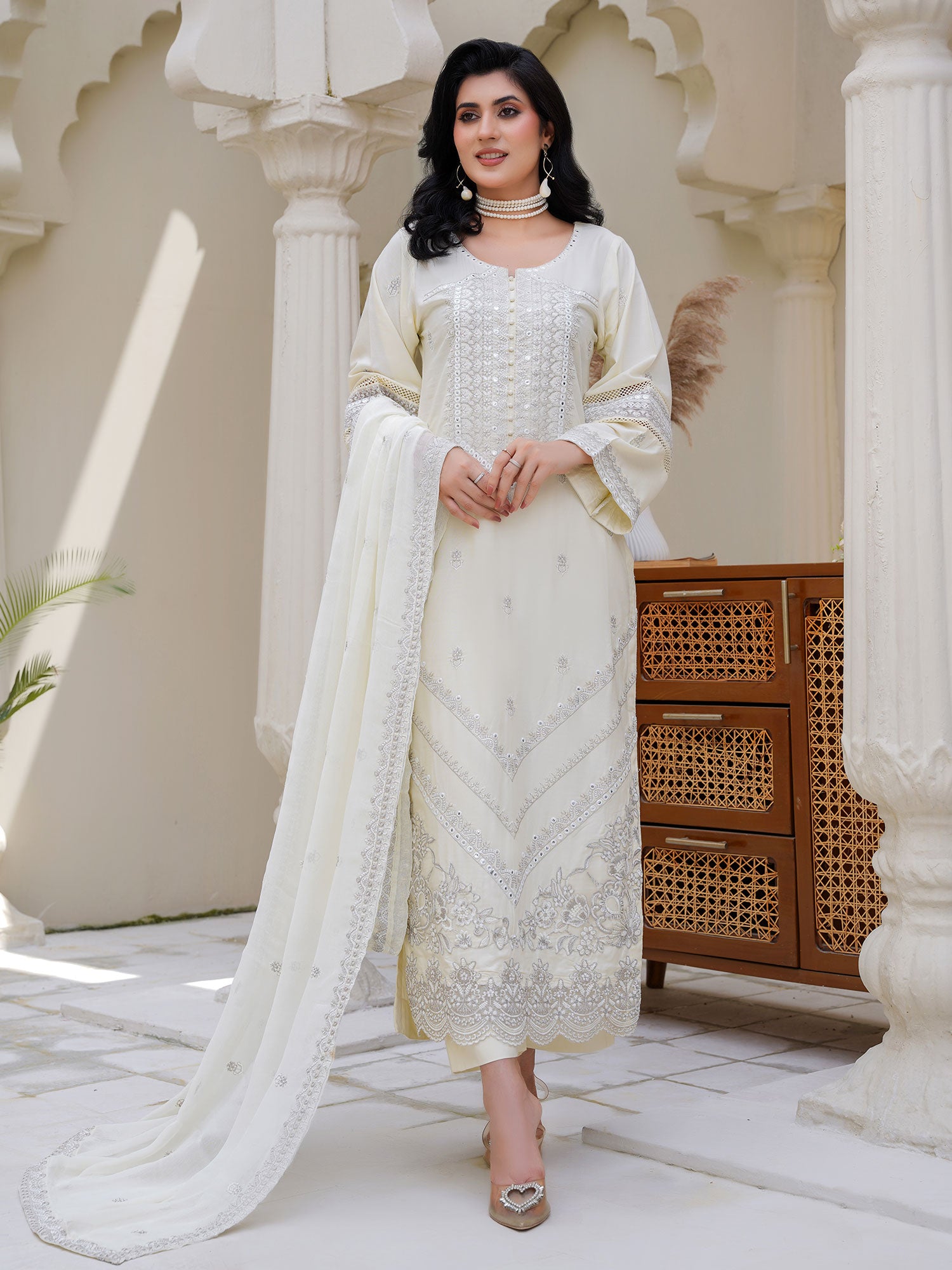 Cream Embroidered Winter Linen Suit