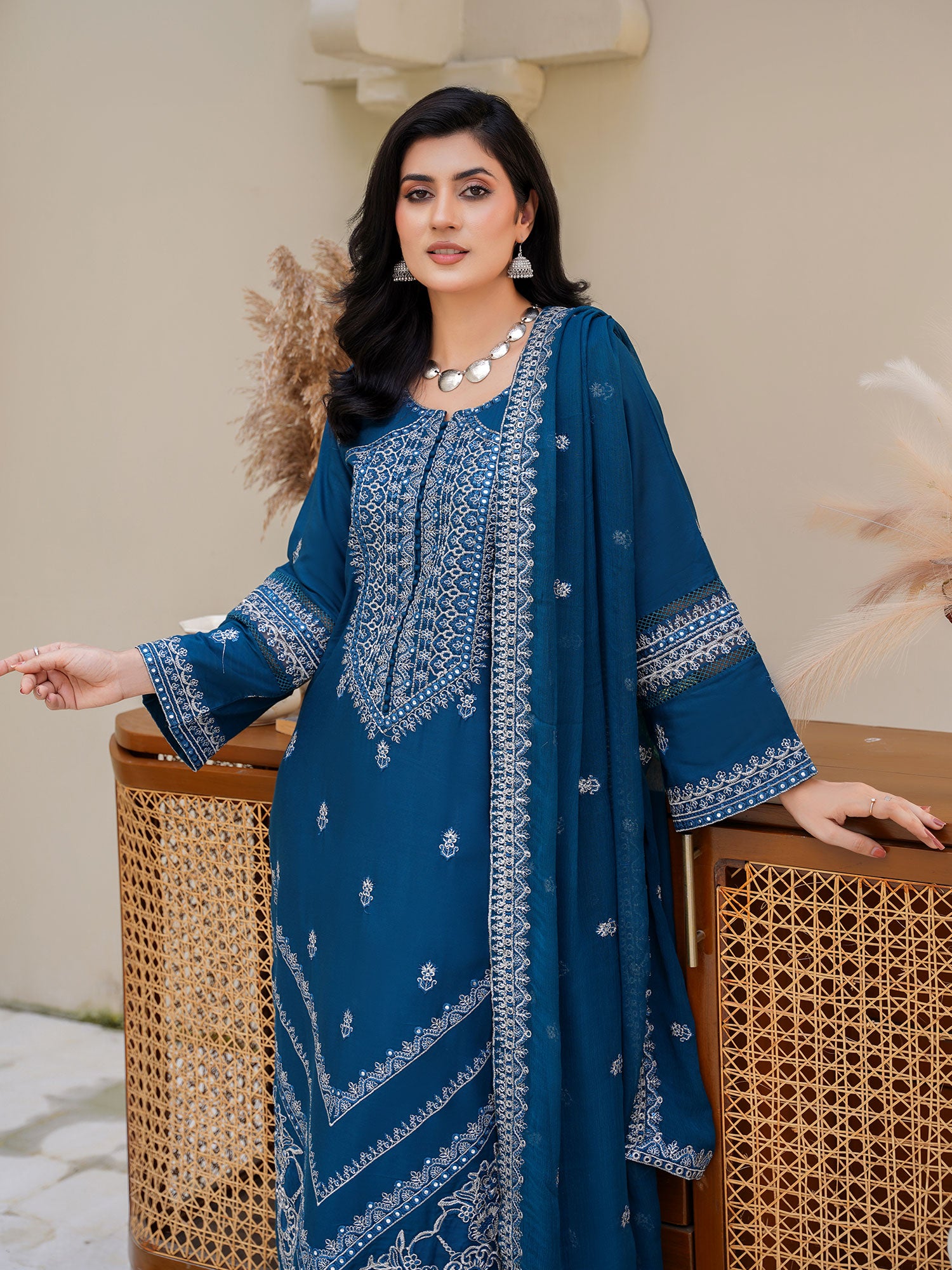 Zinc Blue Embroidered Winter Linen Suit