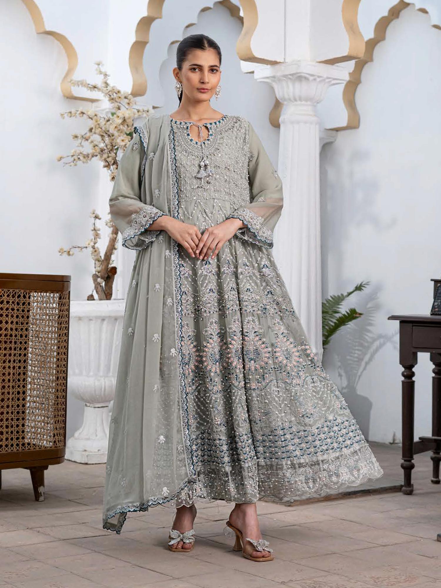 Rangz Luxury Embroidered Chiffon Long Frock 3pc Suit - Green-Grey