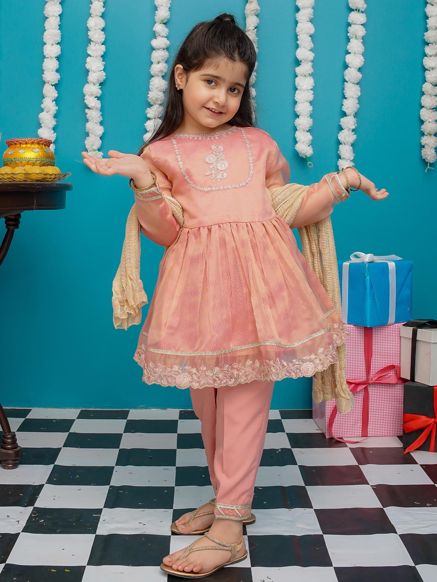 Kids Pink Masoori Frock Suit