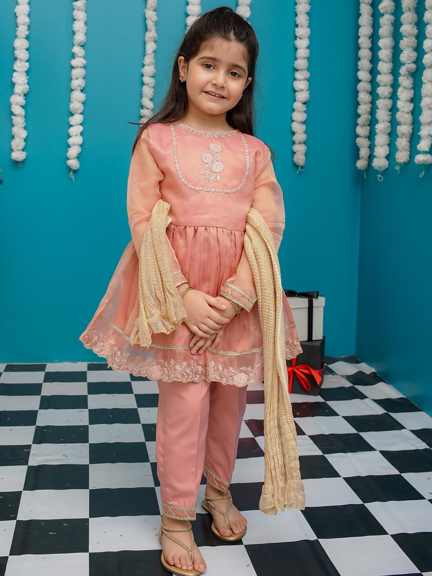 Kids Pink Masoori Frock Suit