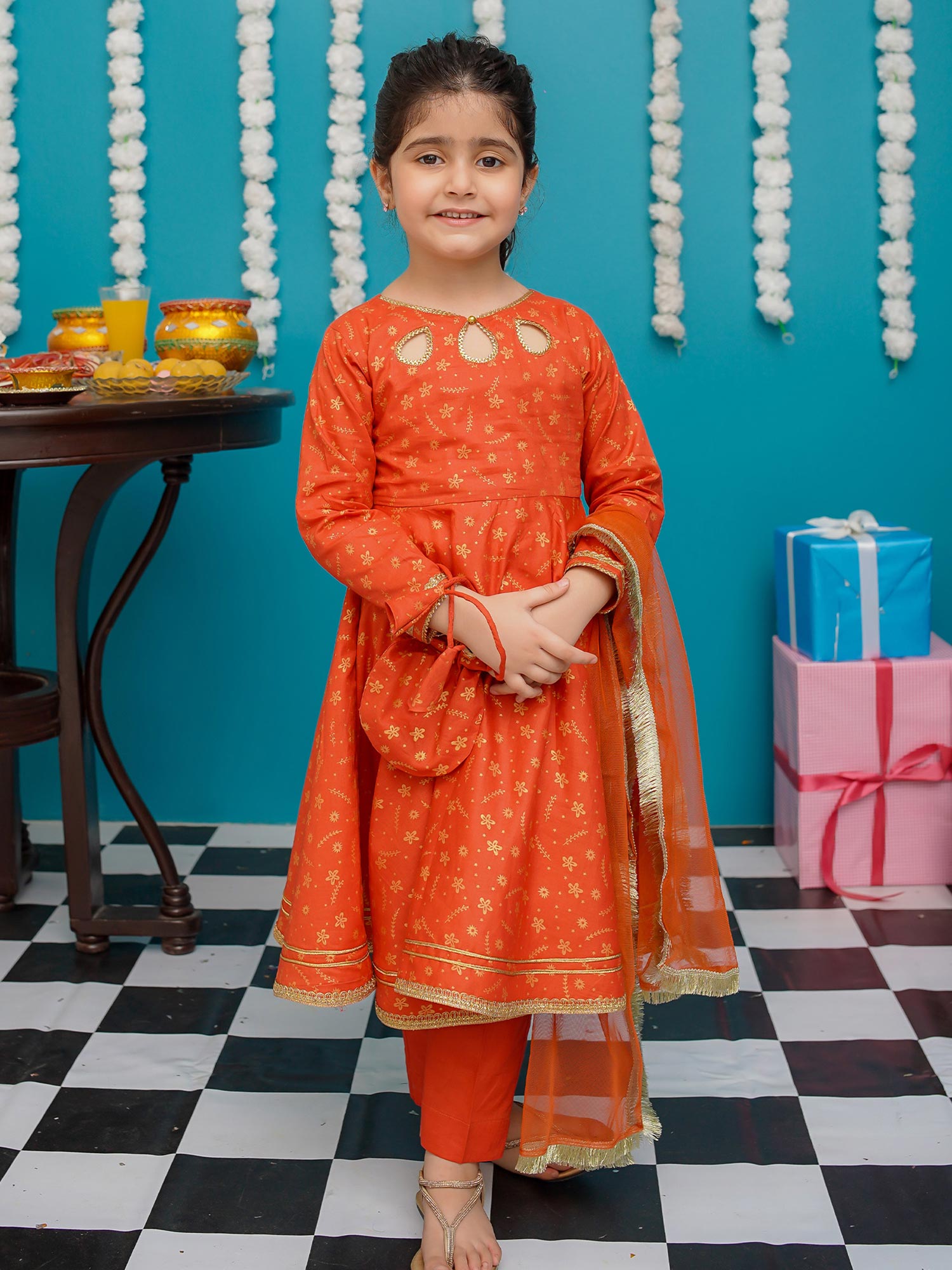 Kids Cotton Orange Frock 3-Piece Suit
