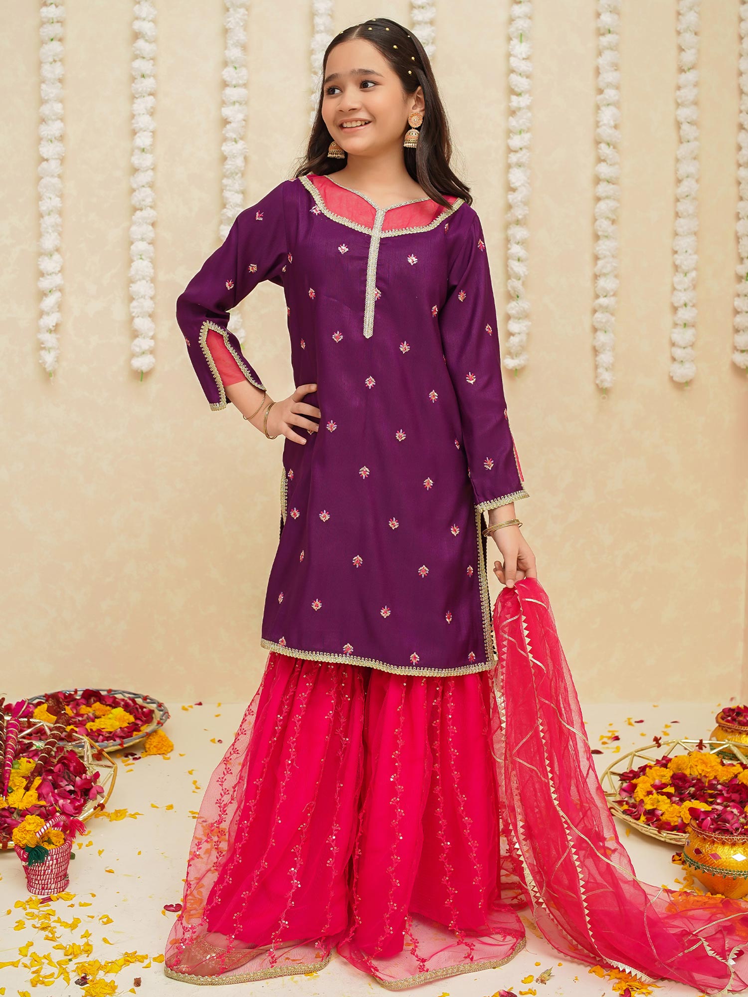 Kids Purple & Pink Rawsilk 3-Piece Sharara Suit